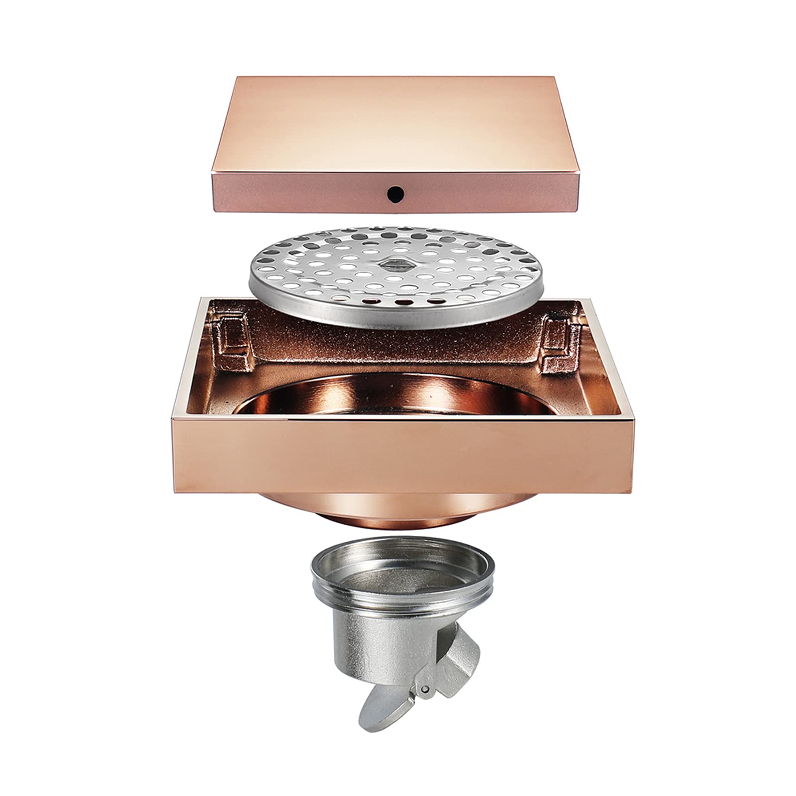 4 Inch Rose Gold Brass Square Shower Drain with Removable Cover - Bathroom Floor Drain for Showers & Wet Rooms - Elegant Waste Water Drainage Solution for Modern Homes