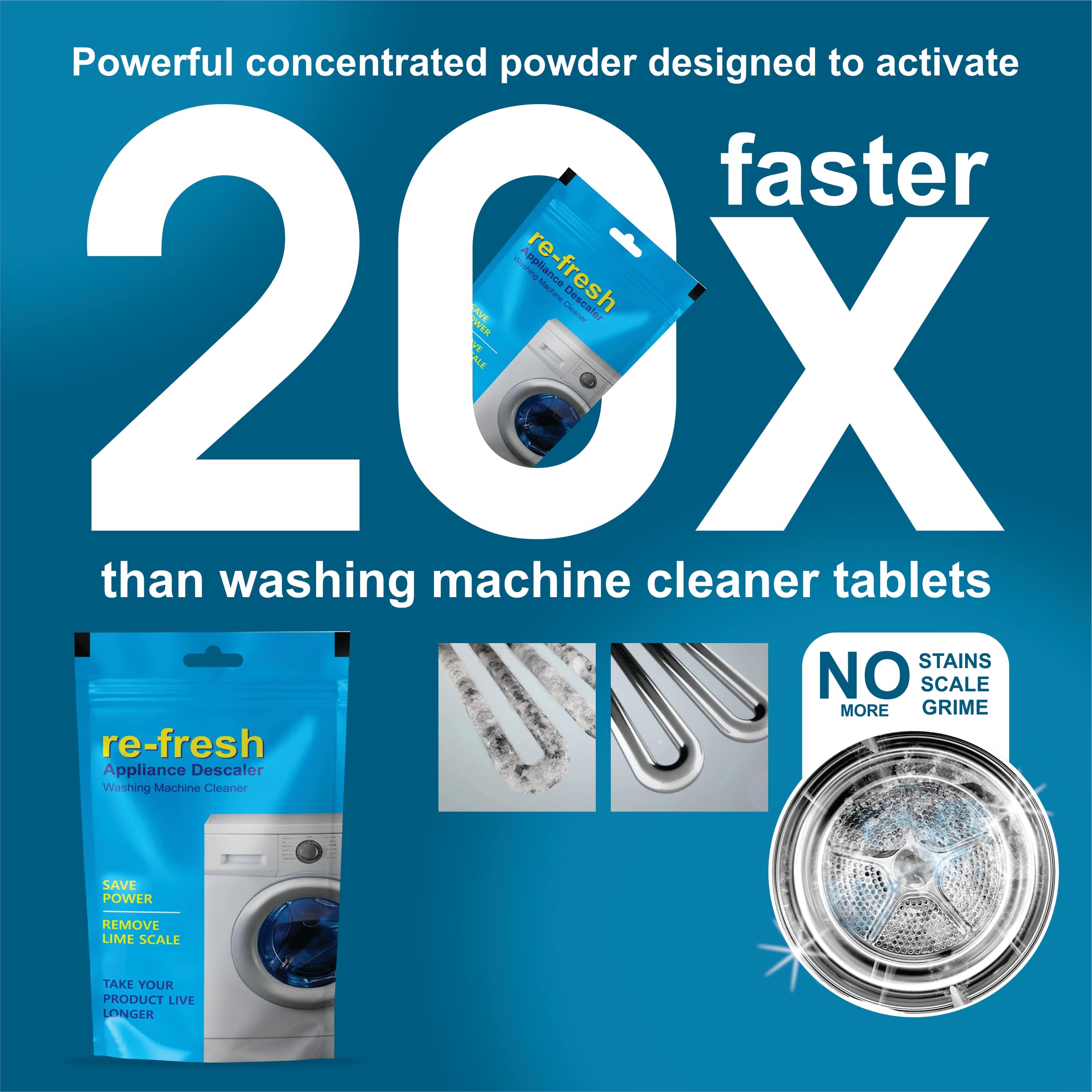 Walvia Re-fresh Washing Machine Cleaner Powder - 600g (Pack of 6) | Top & Front Load Washer Descaler, Drum Cleaner for Limescale & Odor Removal | Perfect for Laundry Maintenance & Appliance Care