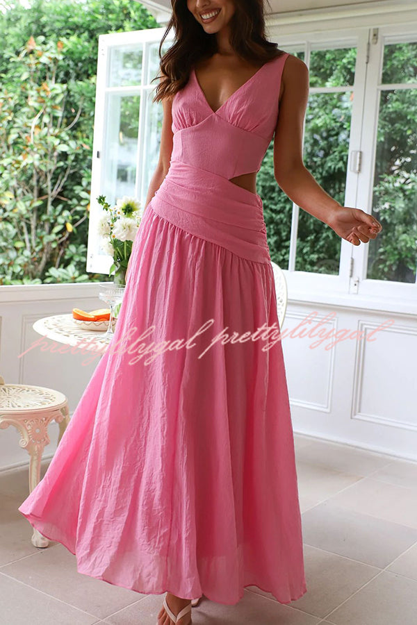 Elegant Solid Color V-Neck Waist Hollow Slim Maxi Dress for Women - Perfect for Summer Beach, Party & Evening Occasions