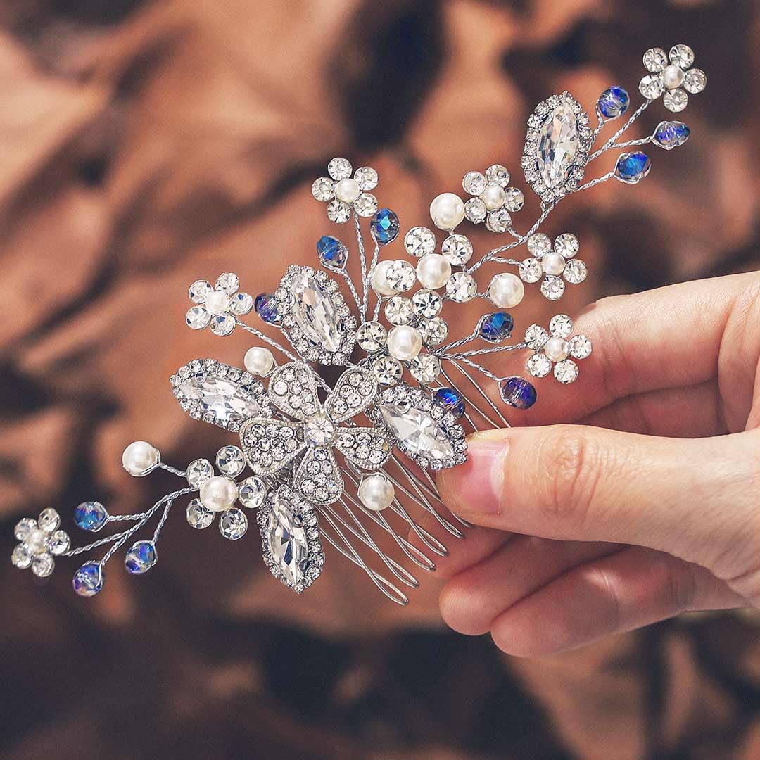 Silver Crystal Wedding Hair Comb with Blue Rhinestones - Bridal Hair Accessories for Women