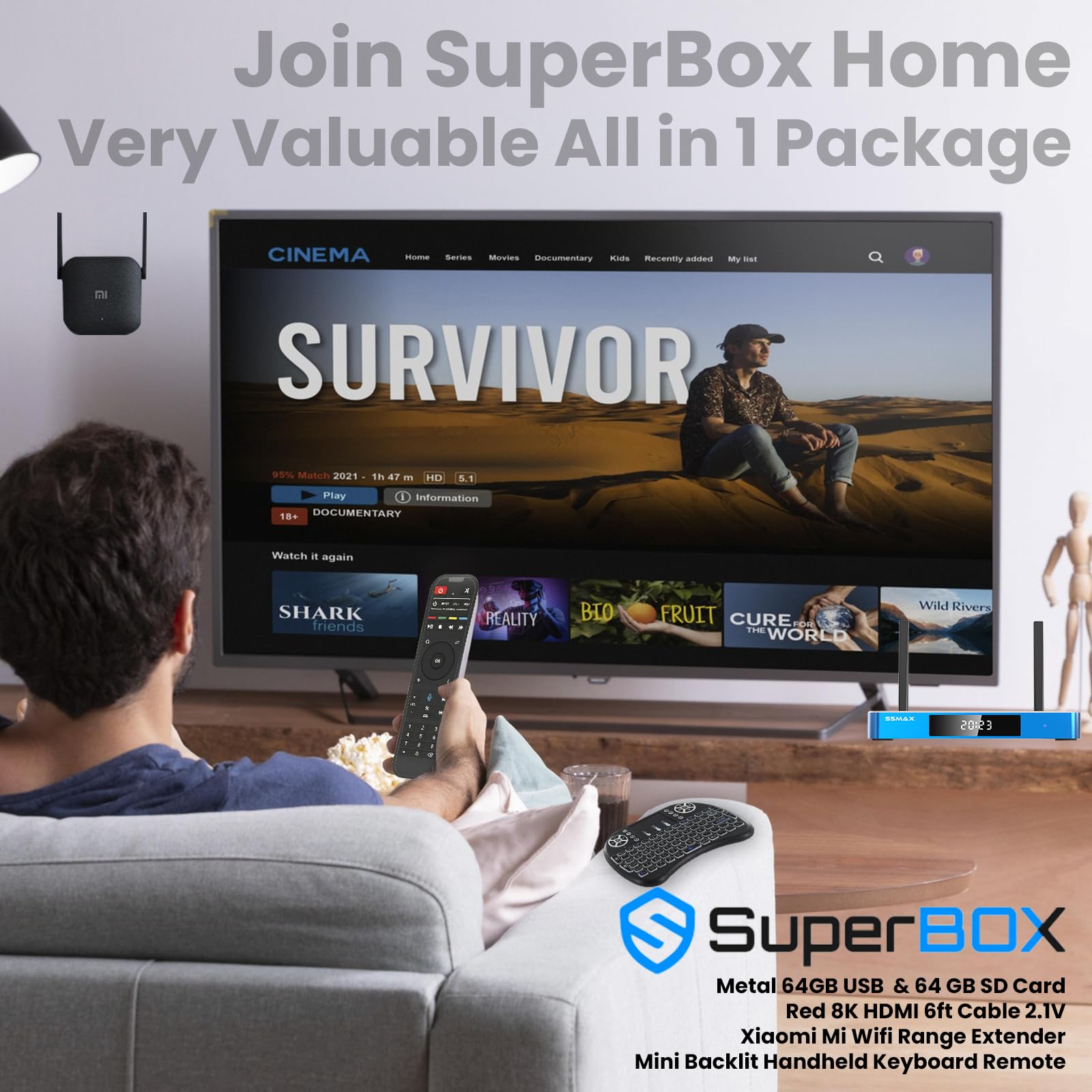 2024 S5 MAX Android TV Box Bundle - 8K HDMI Cable, 64GB Card & USB, WiFi Extender, Backlit Keyboard, Voice Remote | Android 12, 4GB RAM, 64GB Storage | Perfect for Home Theater, Streaming & Gaming