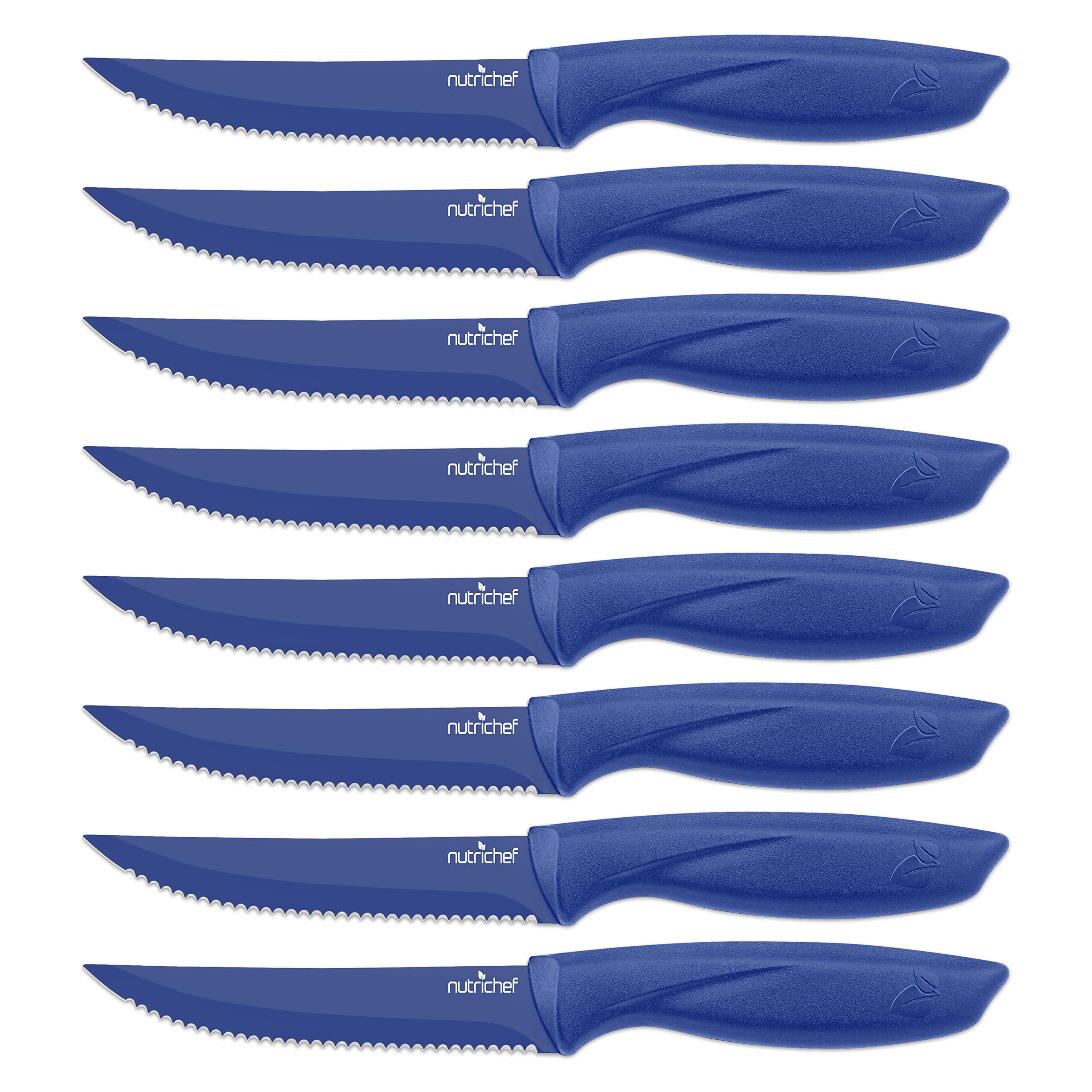 NutriChef 8-Piece Stainless Steel Kitchen Knife Set - Ergonomic Non-Stick Serrated Blades for Meat, Vegetables & Fruits - Durable Unbreakable Knives for Cooking, BBQ, Grilling & Food Prep - Perfect for Home Chefs & Outdoor Camping (Blue, NCSK8BU)