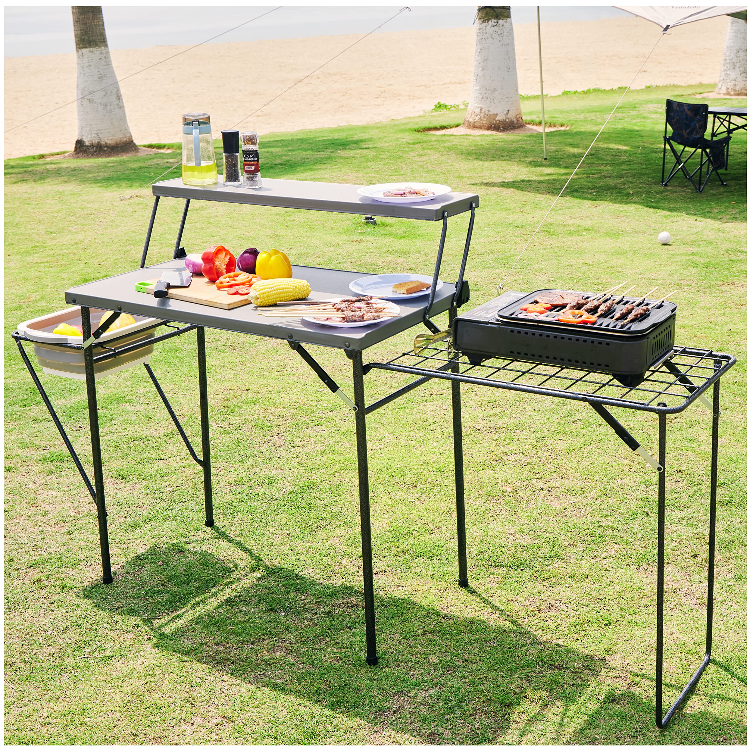 Maarch Folding Grill Table for Outdoor Camping - Lightweight Portable Kitchen Table with Grill Stand for Stove - Perfect for Backyard BBQs, Picnics & Tailgating (Grey)