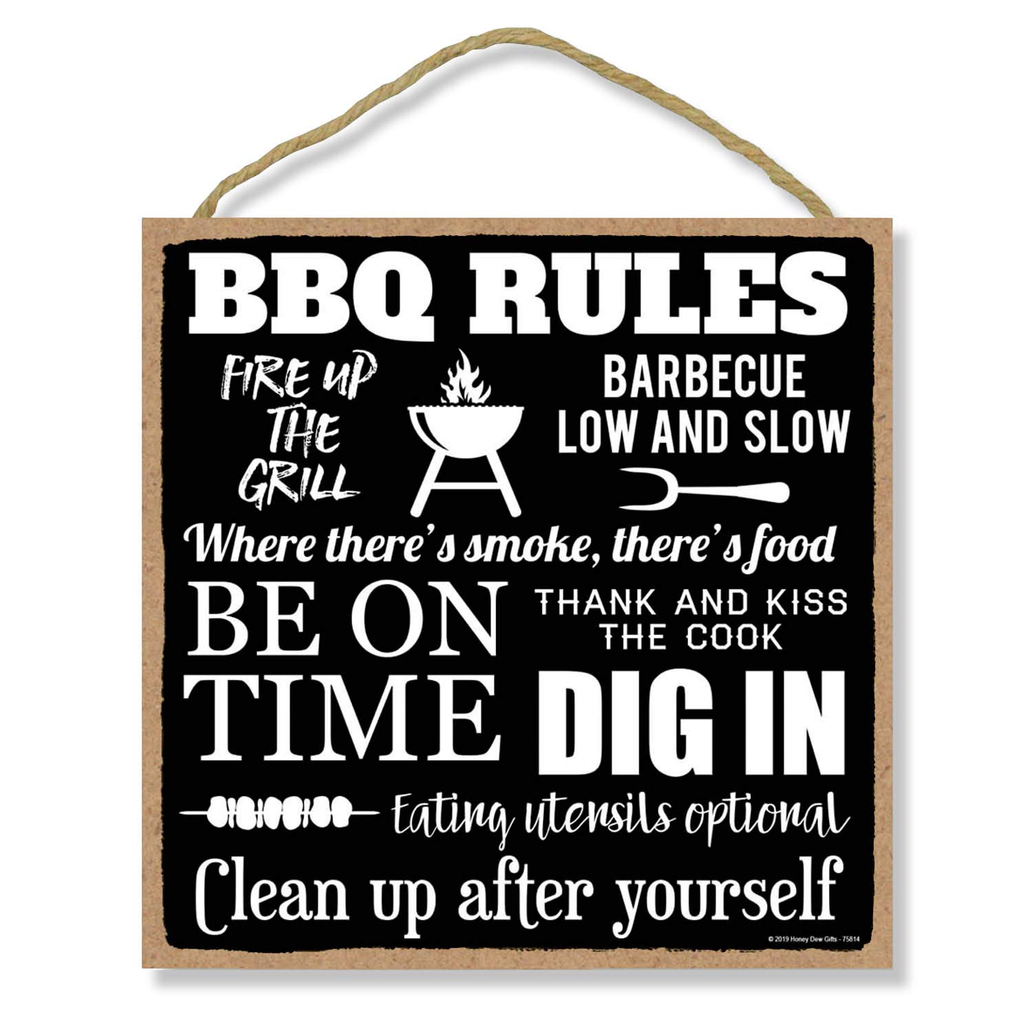 Honey Dew Gifts Kitchen Decor - 10x10 Inch BBQ Rules Wooden Hanging Wall Sign for Home & Outdoor Barbecue Party Decorations - Perfect for Backyard, Patio, and Grill Area Decorative Accessories