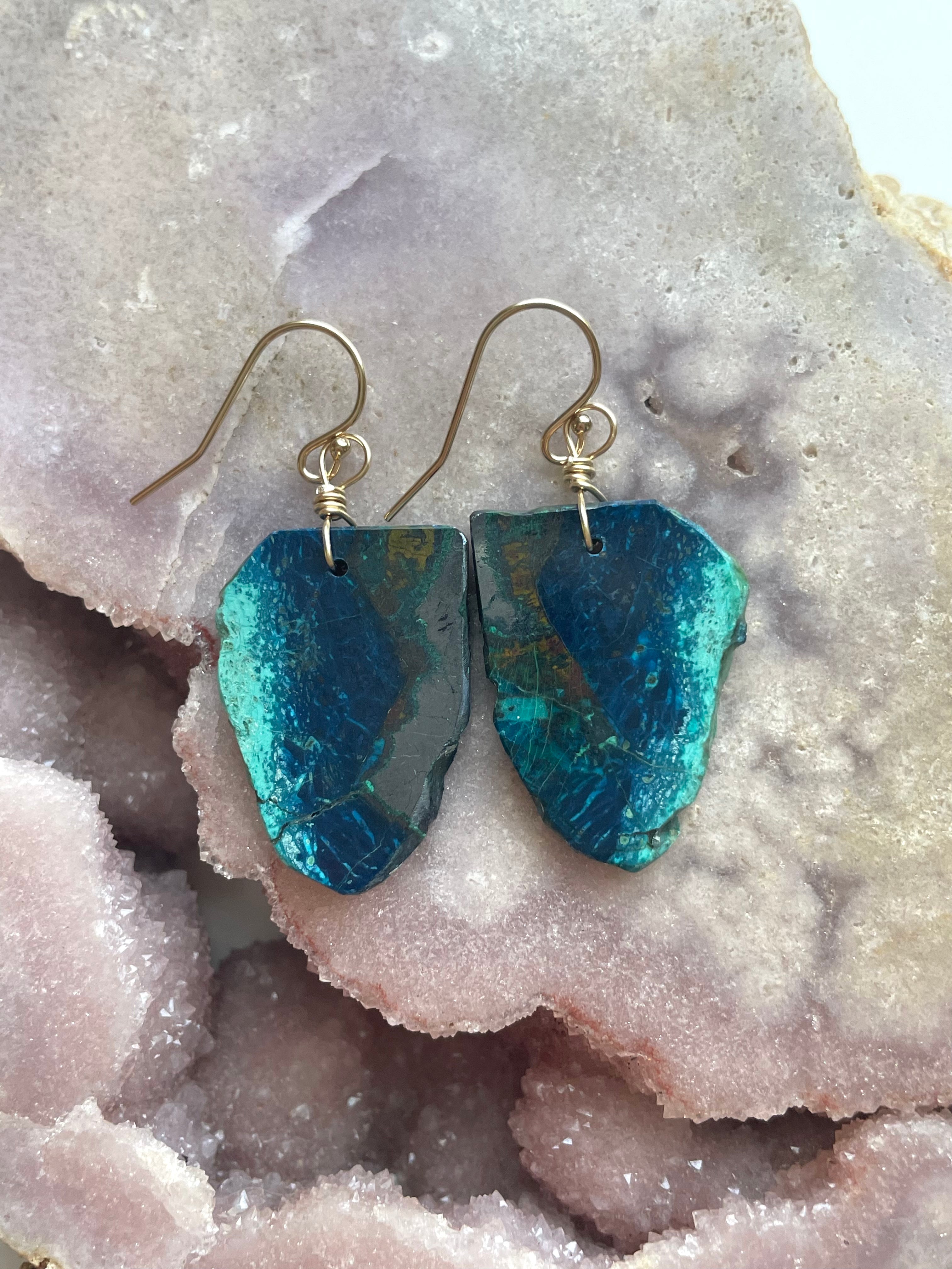 Chrysocolla Gold Filled Statement Crystal Gemstone Earrings for Women - Elegant Dangle Drop Earrings for Party, Wedding & Special Occasions