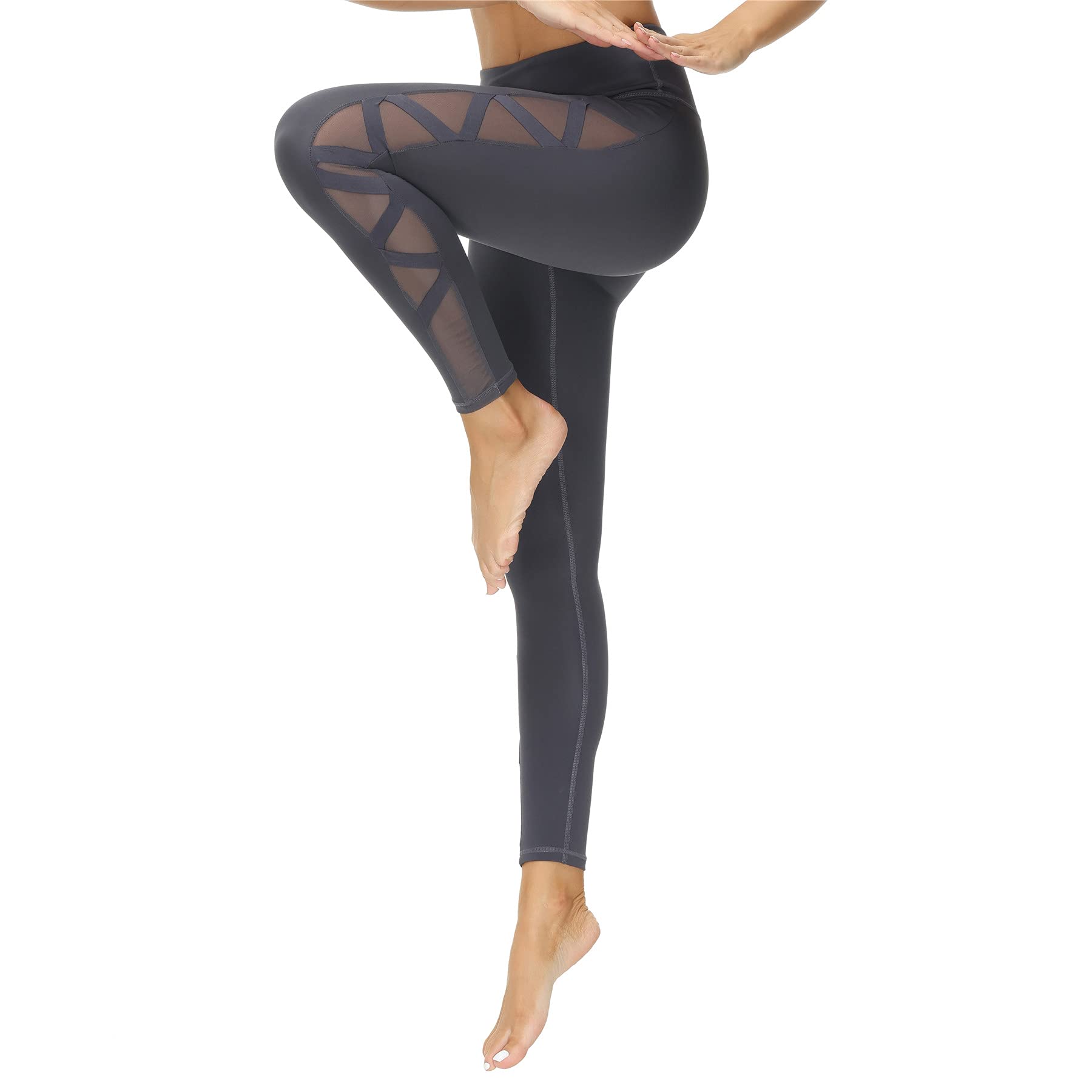 Romansong Women's High Waisted Yoga Pants with Pockets - 4-Way Stretch Tummy Control Mesh Capri Leggings, Non See-Through Workout & Lounge Pants for Yoga, Gym, Running and Everyday Wear