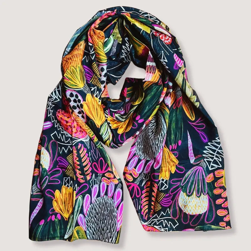 Bush Banksia Silk Scarf - Elegant Australian Floral Print Shawl for Women | Perfect for Weddings, Parties & Office Wear