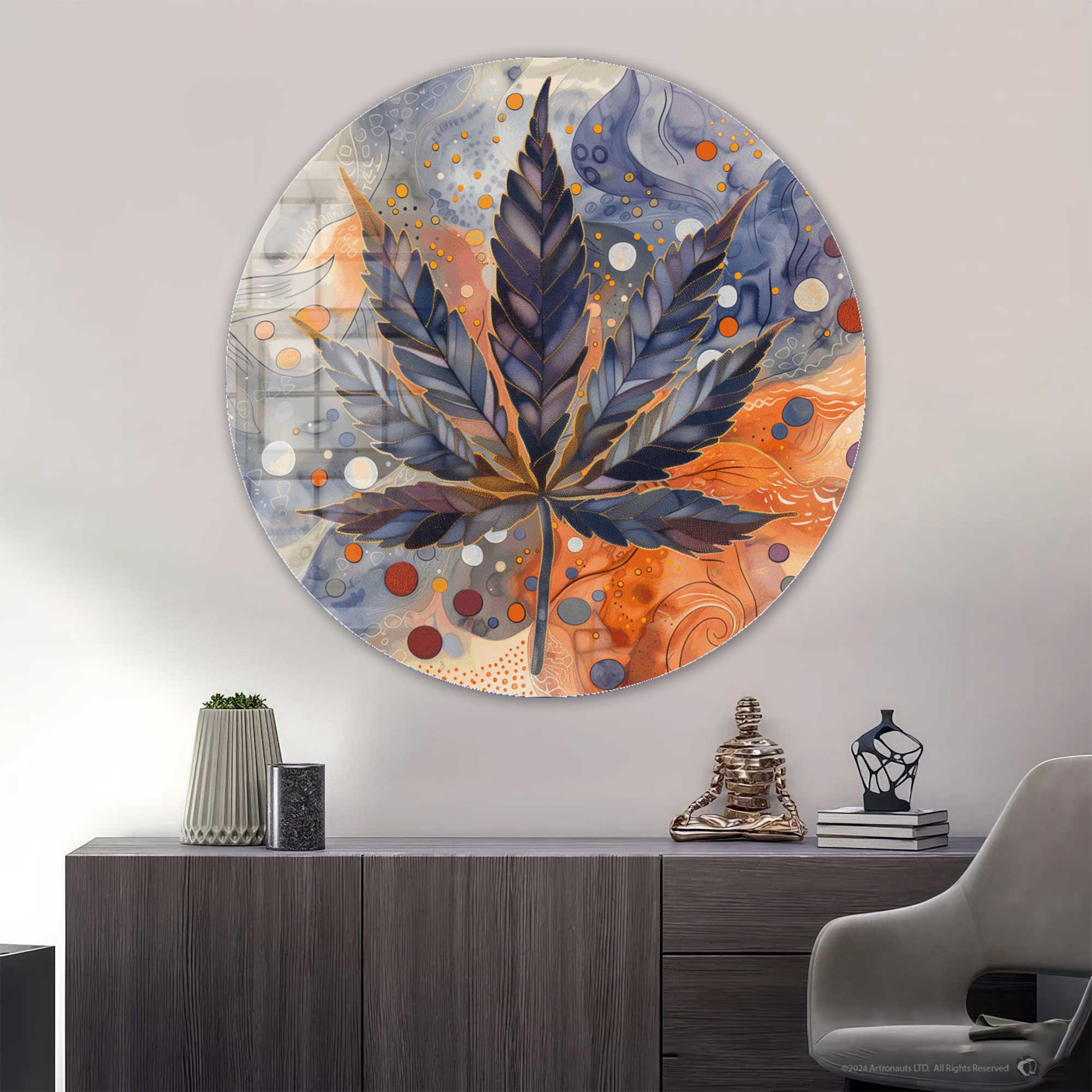 Leaf Rounded Glass Wall Art Decor - Modern Nature-Inspired Home Decor for Living Room, Bedroom & Office