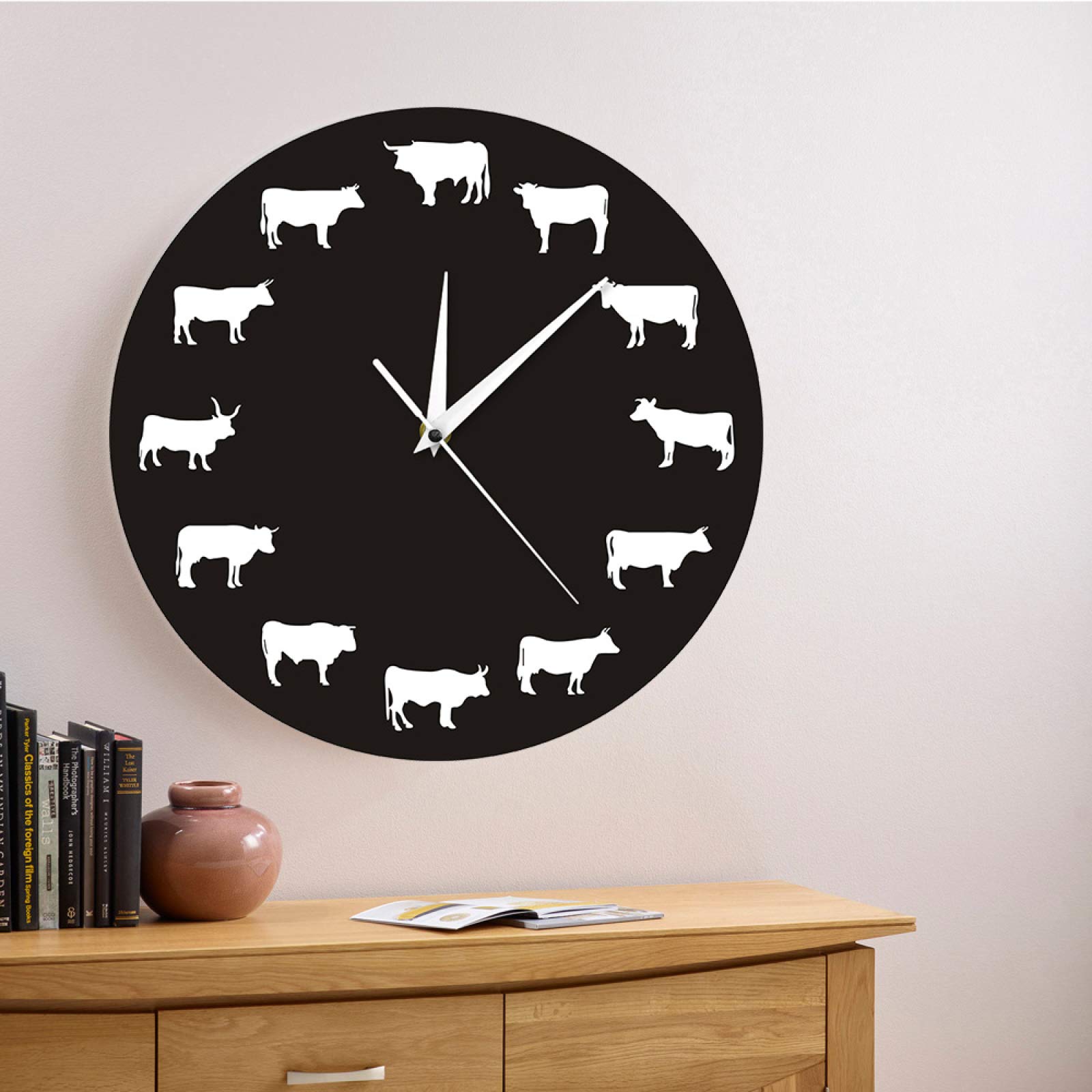 Farmhouse Wall Clock with Farm Animals - Bison, Highland Cow, Bull & Buffalo Design - Rustic Bedroom Wall Decor - Large Decorative Hanging Clock for Living Room, Kitchen, Office (12 Inch)