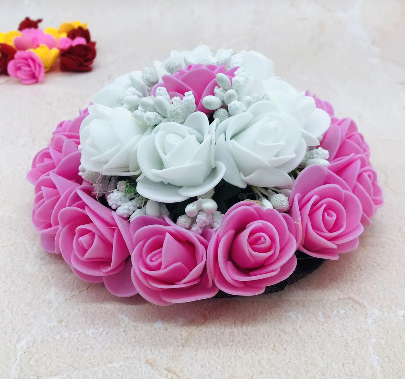 Gadinfashion™ Artificial Flower Juda Bun/Gajra Hair Accessories for Women & Girls - Pack of 1 (Pink & White) | Perfect for Weddings, Parties & Festive Occasions
