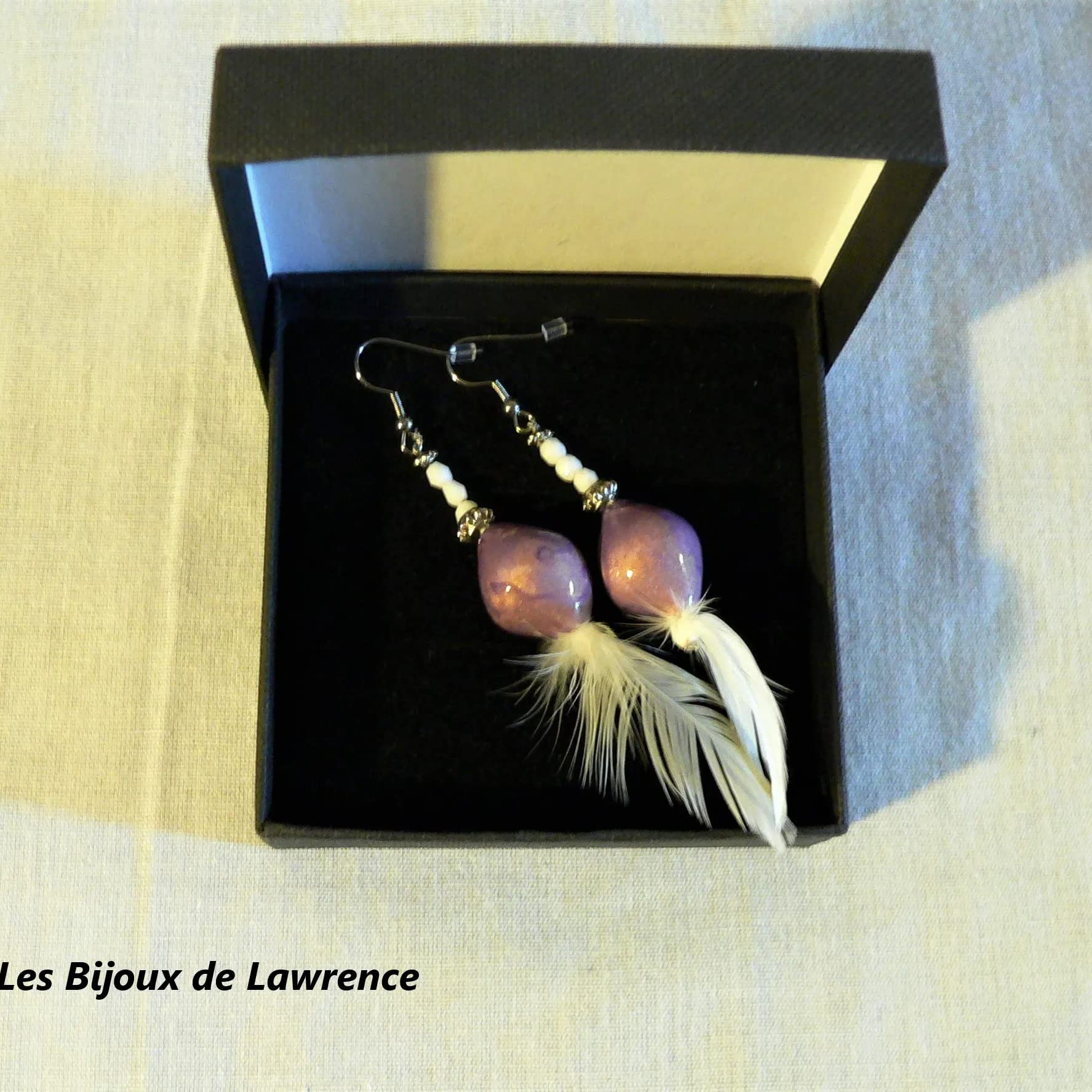 Elegant Ceramic & Feather Earrings for Women - White & Purple Dangle Earrings | Boho Chic Jewelry for Parties, Weddings & Everyday Wear