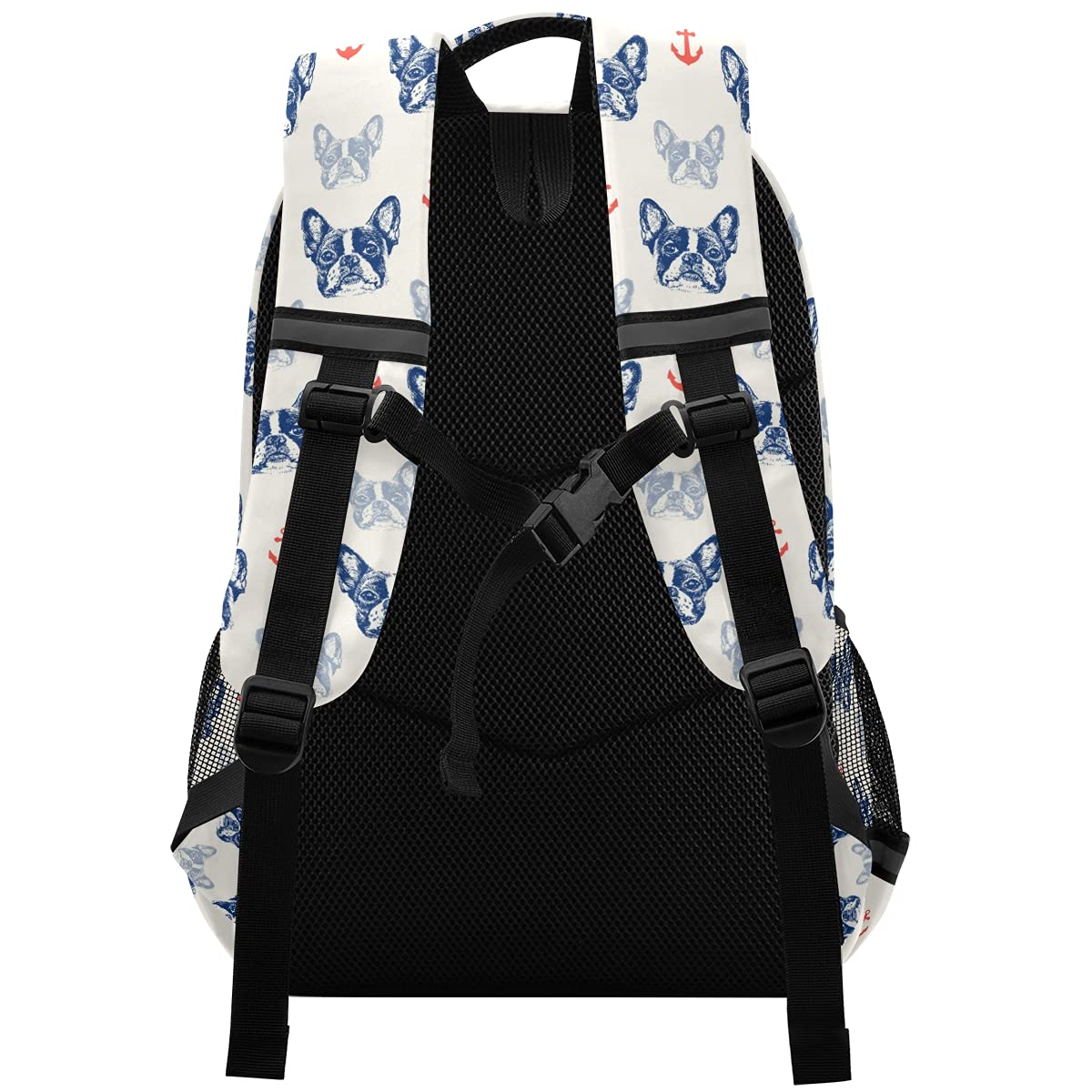 Stylish French Bulldog & Anchor Print Laptop Backpack with Chest Strap - Durable School, Travel & Hiking Backpack for Boys & Girls - Perfect for College, Commuting & Outdoor Adventures