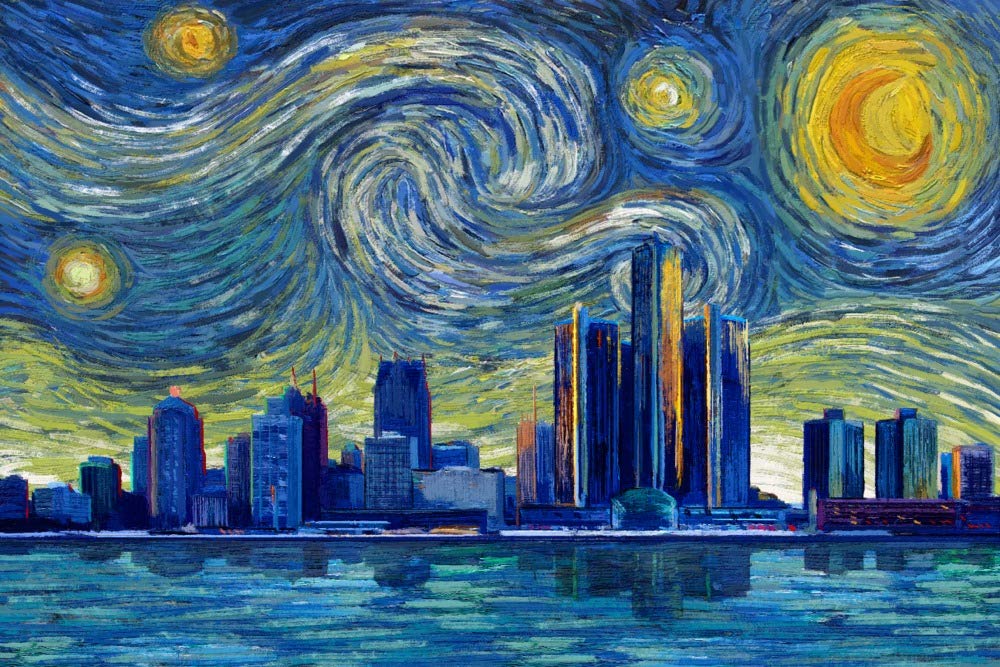 Starry Night Detroit Michigan City Art Print - 24x36 Signed Wall Decor Poster for Living Room, Bedroom & Office