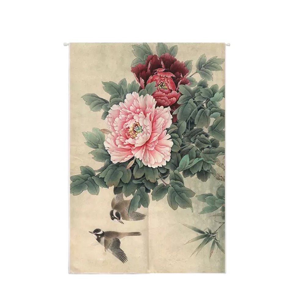 Oncefirst Japanese Noren Door Curtain - Linen Tapestry with Peony Design, 27.5