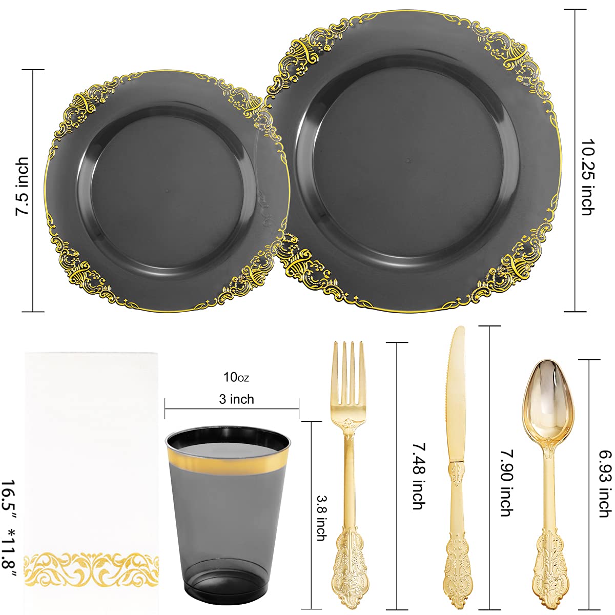 Nervure 175-Piece Black & Gold Plastic Dinnerware Set for 25 Guests - Disposable Plates, Cups, Forks, Knives, Spoons & Napkins - Elegant Party Supplies for Weddings, Birthdays & Events