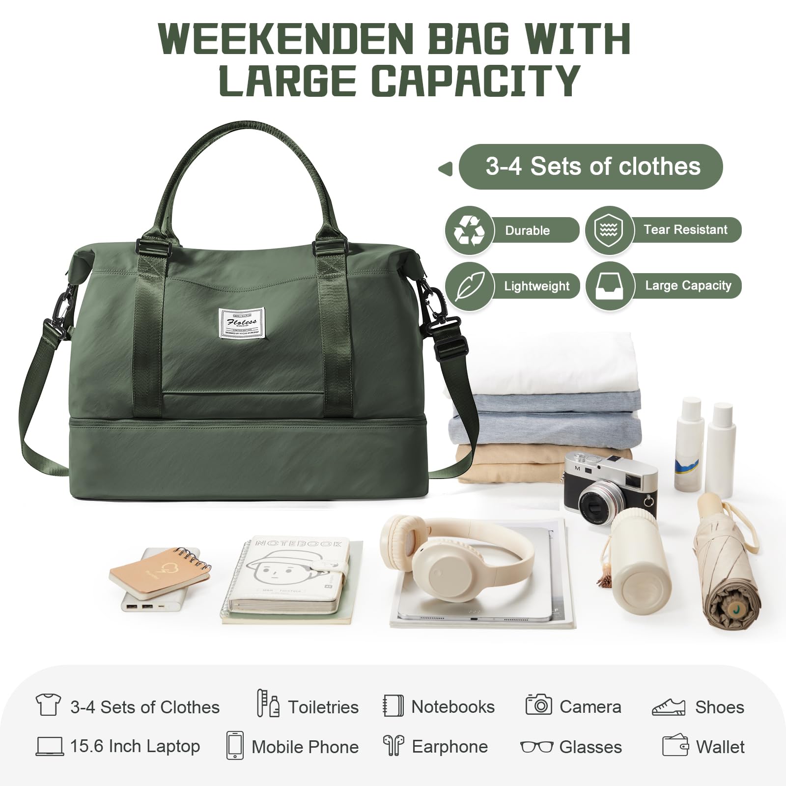 Waterproof Travel Duffel Bag with Separate Shoe Compartment - Lightweight Weekender Overnight Bag for Women - Perfect Carry-On Personal Item for Gym, Business Trips & Weekend Getaways