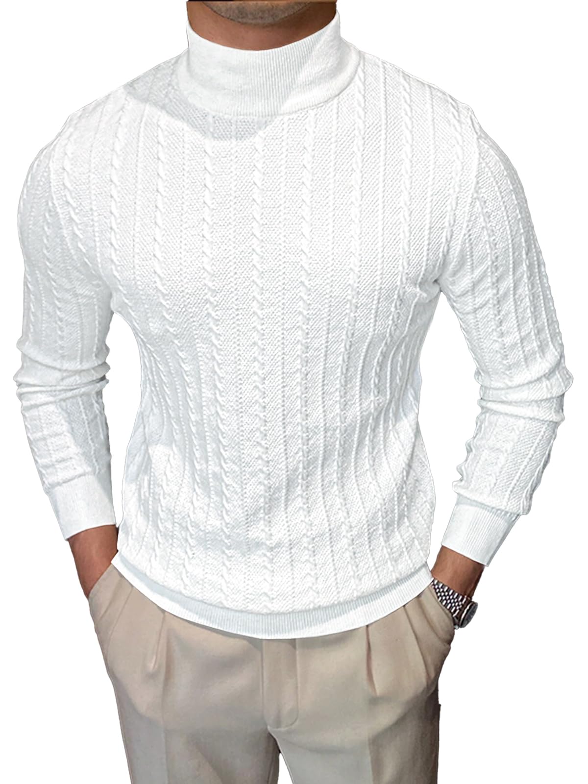 Men's Slim Fit Cable Knit Turtleneck Sweater - Casual Winter Pullover for Office & Outings