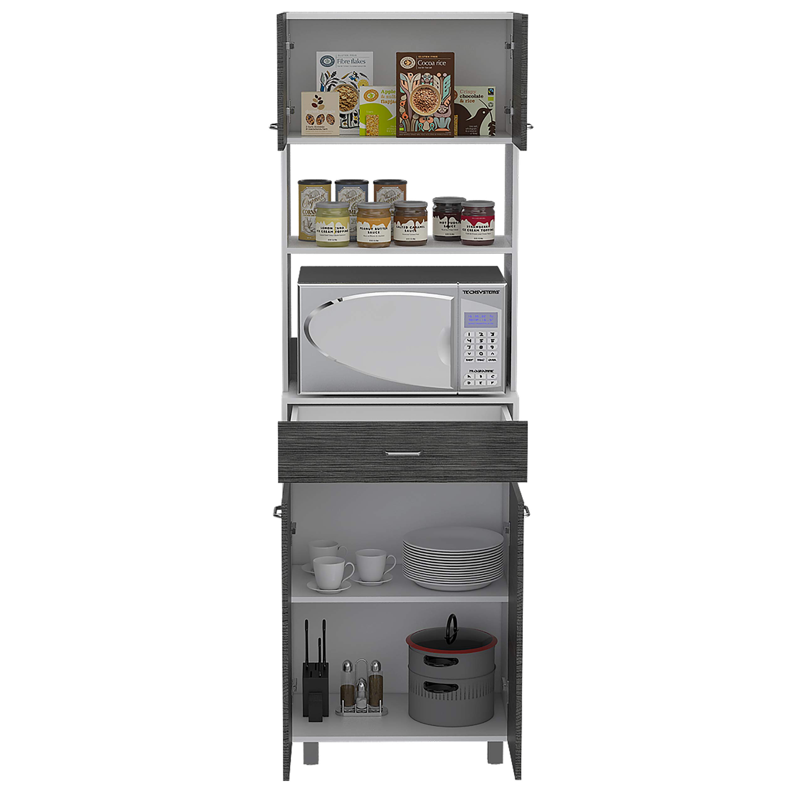 Auburn Microwave Pantry Cabinet with 2 Storage Cabinets, 2 Open Shelves & Drawer - Smokey Oak/White Finish | Perfect for Kitchen Organization & Small Space Storage