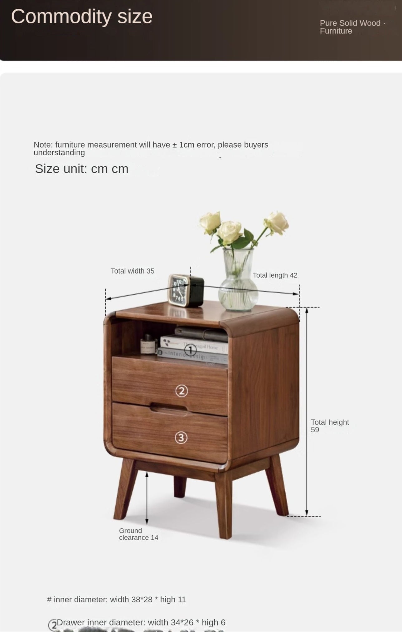 Black Walnut Solid Wood Modern Nightstand - Small Bedside Table with Storage Drawer for Bedroom, Living Room, or Office