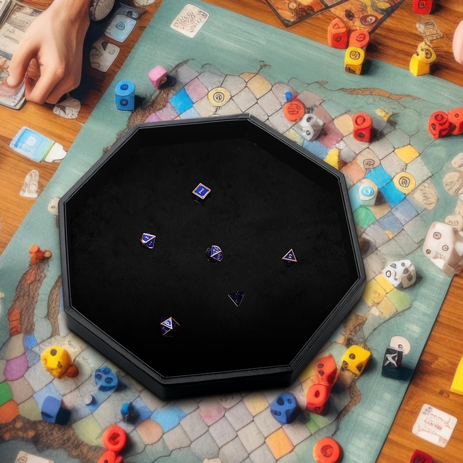Wenqik 2-Piece Octagon Dice Tray Set - 11.5 Inch PU Leather Dice Mat with Velvet Lining for RPG, Farkle & Tabletop Games - Perfect for Game Nights, Christmas Parties & Holiday Gatherings (Black & Red)