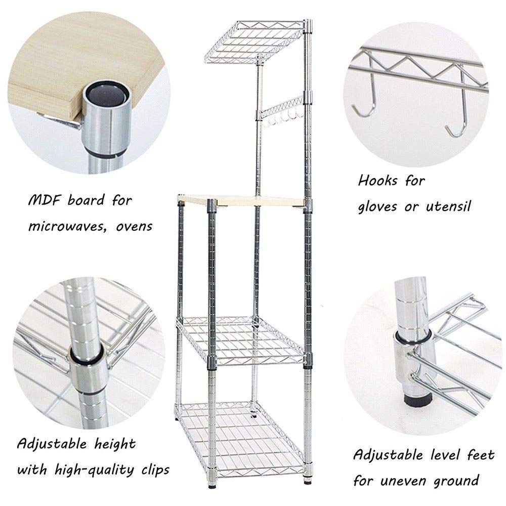 4-Tier Adjustable Kitchen Cart with Spice Rack, Cutting Board & Hooks - Heavy Duty Baker Rack Storage Organizer for Microwave Oven, Pantry & Small Space Kitchen Organization - Perfect for Apartments, Dorms & RV Living