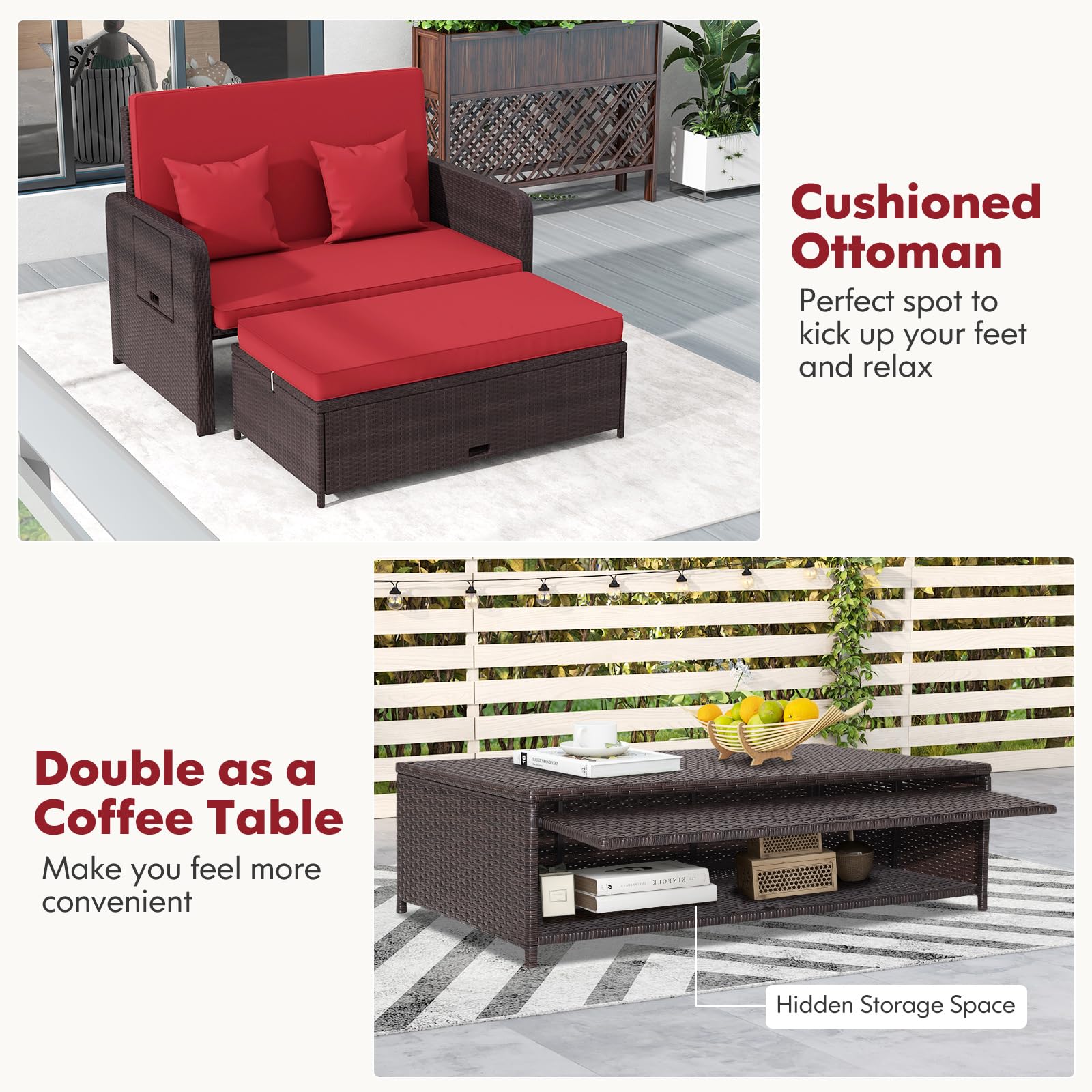 RELAX4LIFE Outdoor Wicker Daybed with Adjustable Backrest - Rattan Patio Lounger Set with Loveseat, Storage Ottoman & Cushions - 4-Level Reclining & 2 Retractable Trays - Perfect for Poolside, Garden or Patio Relaxation (Red)
