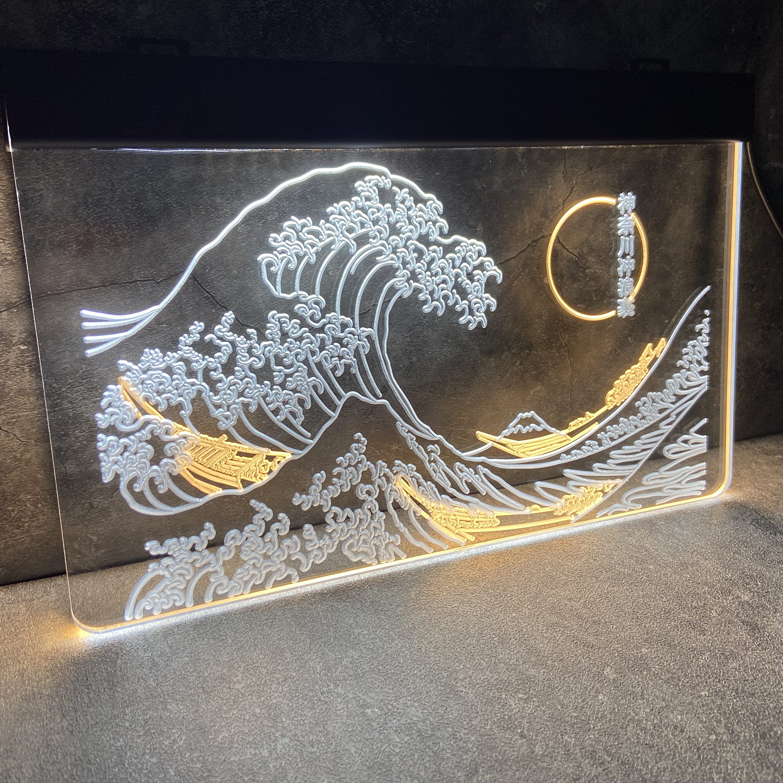 The Great Wave Off Kanagawa LED Neon Sign - Japanese Ukiyo-e Wall Art by Katsushika Hokusai - 12x16 Inch White & Yellow Light for Bedroom, Living Room, Bar, Office Decor - Cool Neon Light Signs for Modern Interior Design