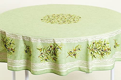 Amelie Michel Wipe-Clean French Tablecloth - Olive Green 100% Cotton Acrylic-Coated Fabric | Spill Proof & Easy Care Round Table Cover (70