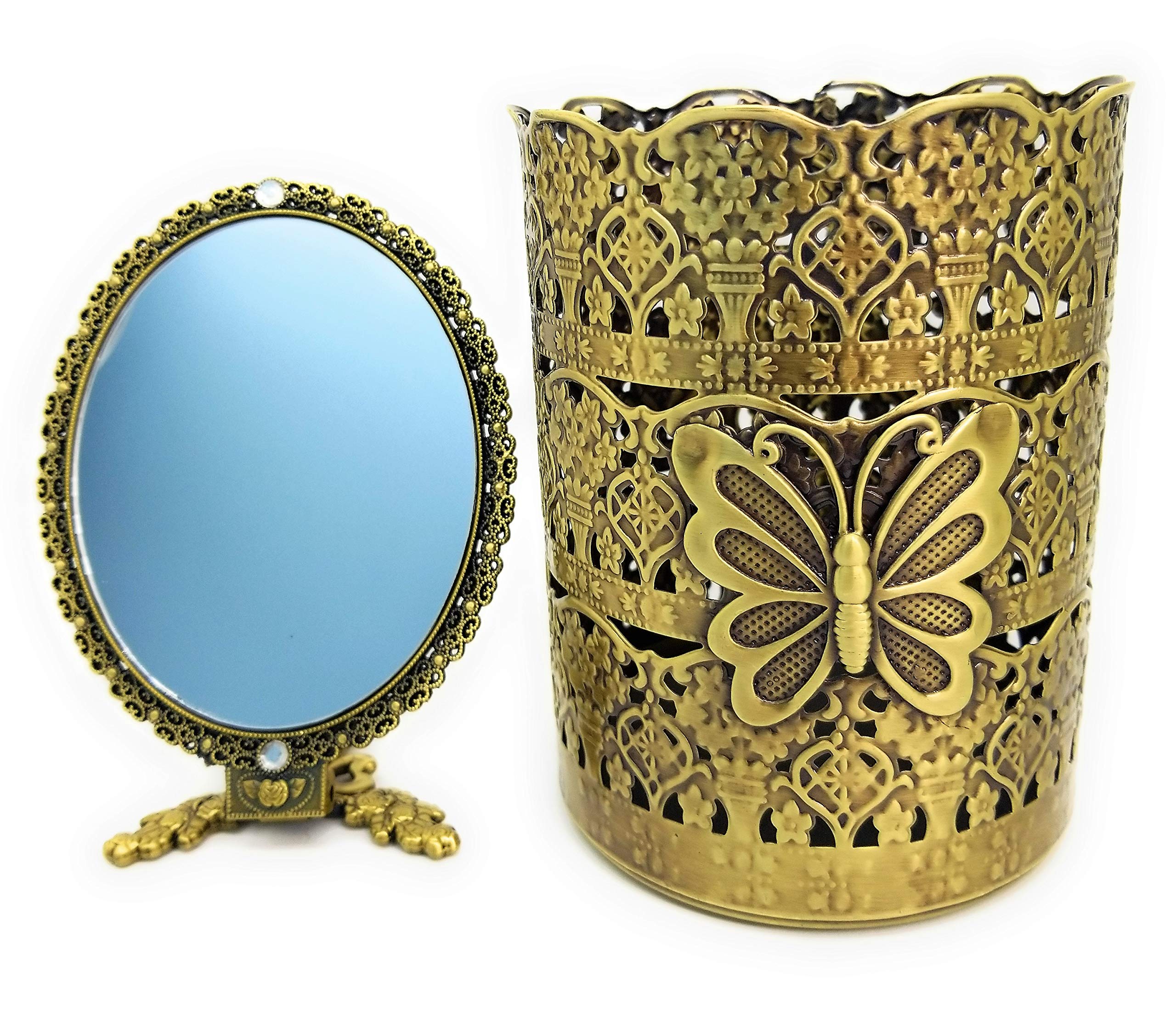 Vintage Golden T-Box Antique Metal Makeup Brush Holder & Portable Cosmetic Mirror Set - 2-Piece Gift for Women, Birthday, Christmas, Mother's Day - Perfect for Vanity Organizer, Travel Beauty Essentials & Home Decor