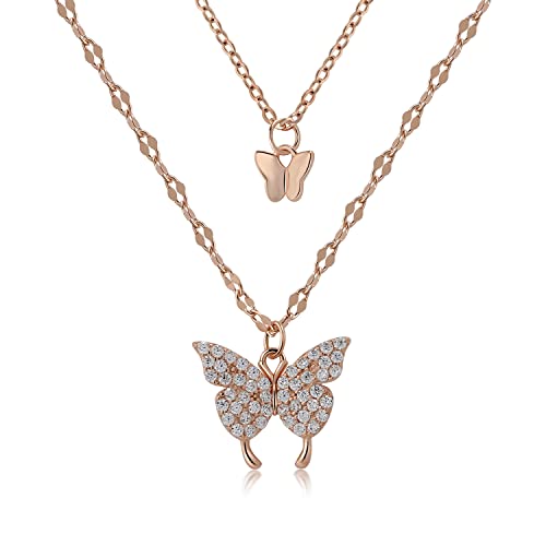 Layered Butterfly Necklace for Women - Sterling Silver Dainty Butterfly Pendant Choker Necklace in Gold & Rose Gold - Elegant Pleated Jewelry Gift for Her - Perfect for Valentine's Day, Anniversary & Special Occasions