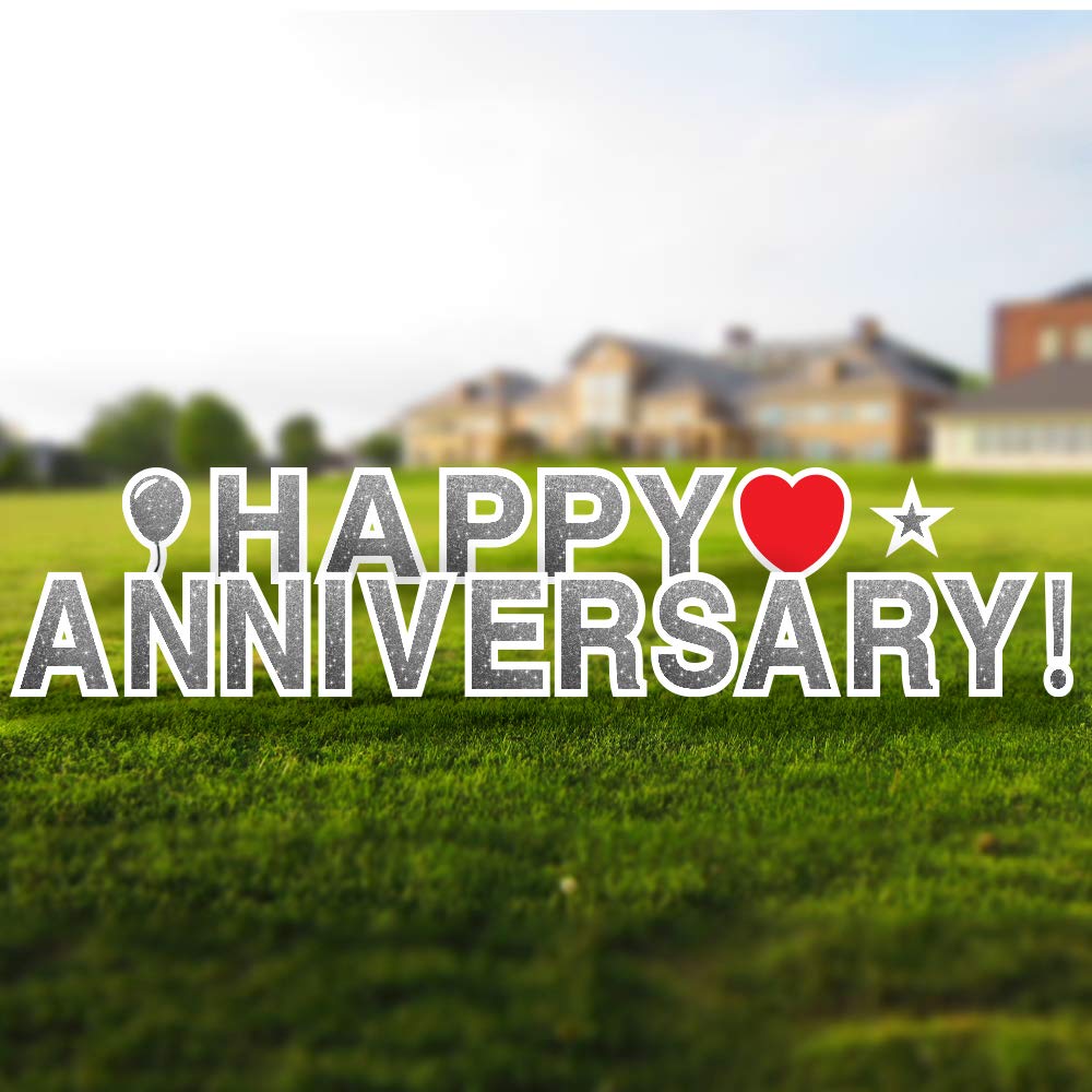 Happy Anniversary Yard Signs with Stakes - 18in Tall Durable Coroplast Letters - Weather-Resistant Outdoor Decor with Steel Stakes (Faux Glitter Silver) - Perfect for Anniversary Celebrations, Backyard Parties & Special Events