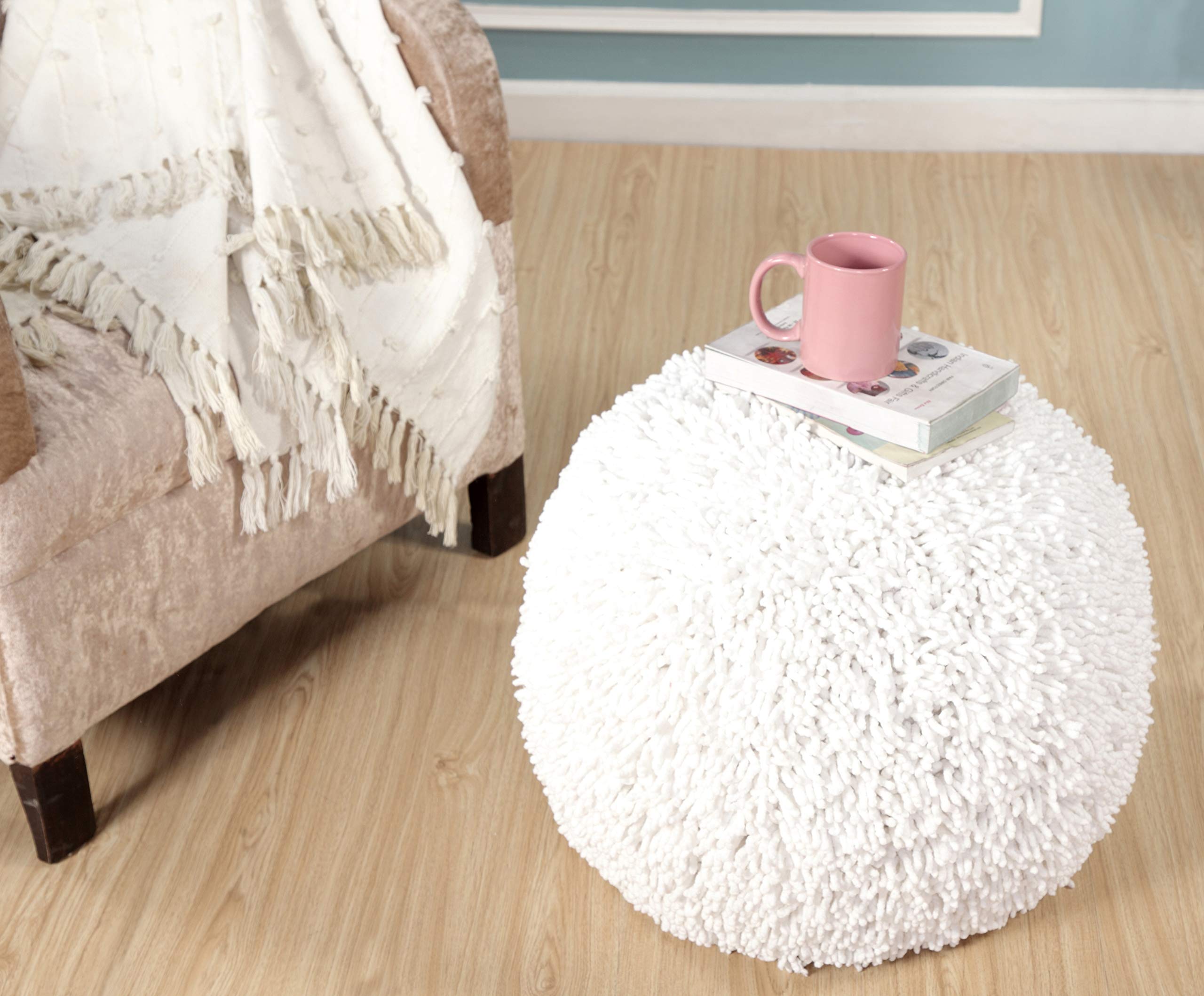 LR Home Evette Rios Cream Solid Cotton Round Ottoman Pouf - Handmade Foot Rest & Decorative Accent for Bedroom, Living Room - 20