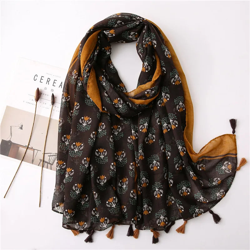 2023 Fashion Paisley Abstract Floral Tassel Viscose Shawl Scarf - Women's Lightweight Pashmina Wrap Stole & Muslim Hijab (180x90cm) - Perfect for Daily Wear, Office, Parties & Prayer