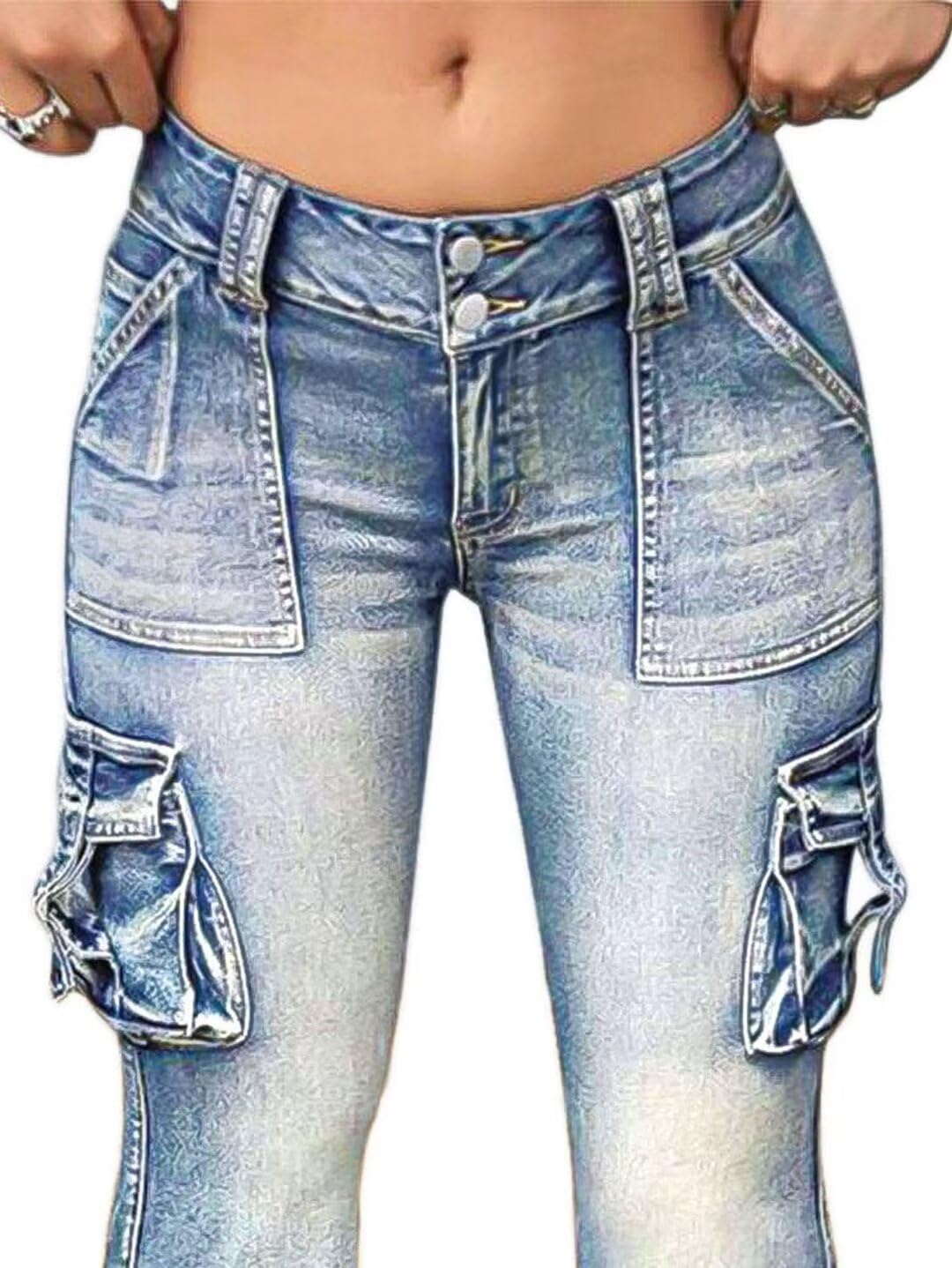 Flamingals Women's High Waist Cargo Jeans - Wide Leg Flare Denim Pants with Butt Lifting Design & Flap Pockets | Y2K Fashion Trend | Perfect for Casual Wear, Street Style & Retro Outfits