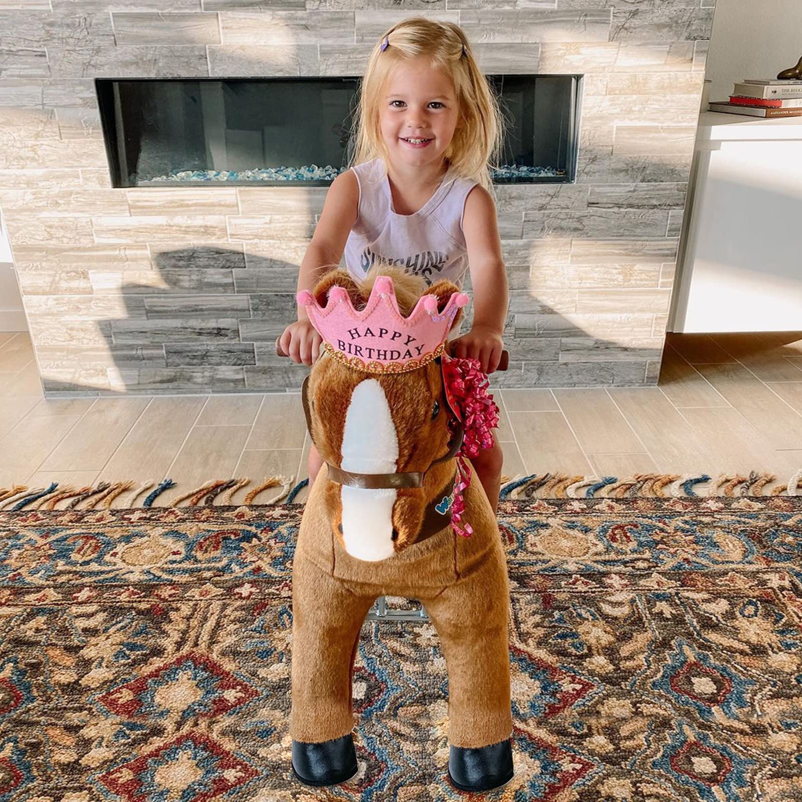 WondeRides Plush Rocking Horse Toy for Kids Ages 4-9 - 36 Inch Mechanical Walking Pony with Wheels | Toddler Ride-On Toy for Indoor & Outdoor Play, Birthday Gifts, and Pretend Play Activities
