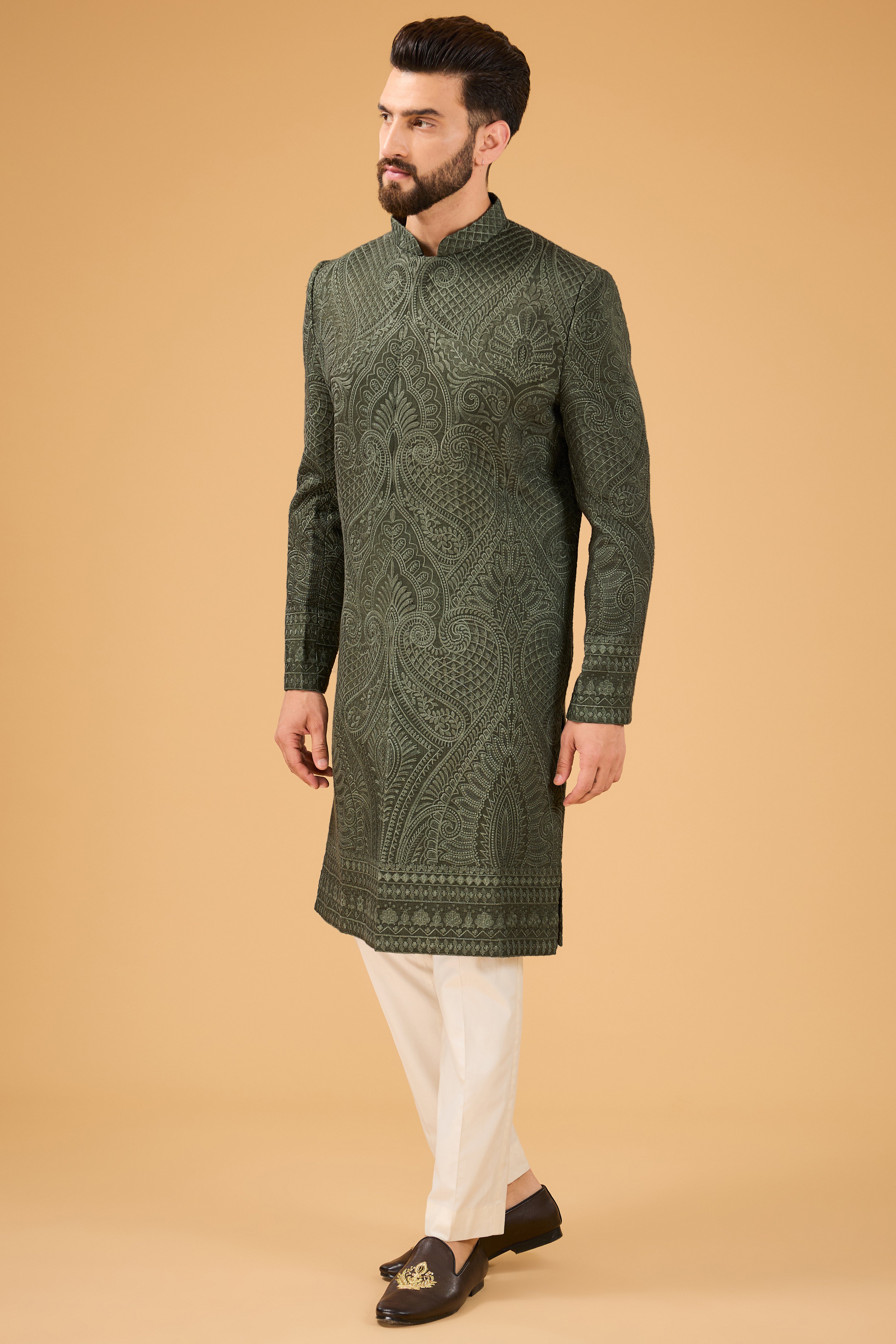 Military Green Kashmiri Embroidered Sherwani for Men - Traditional Indian Wedding Attire & Festive Occasion Wear