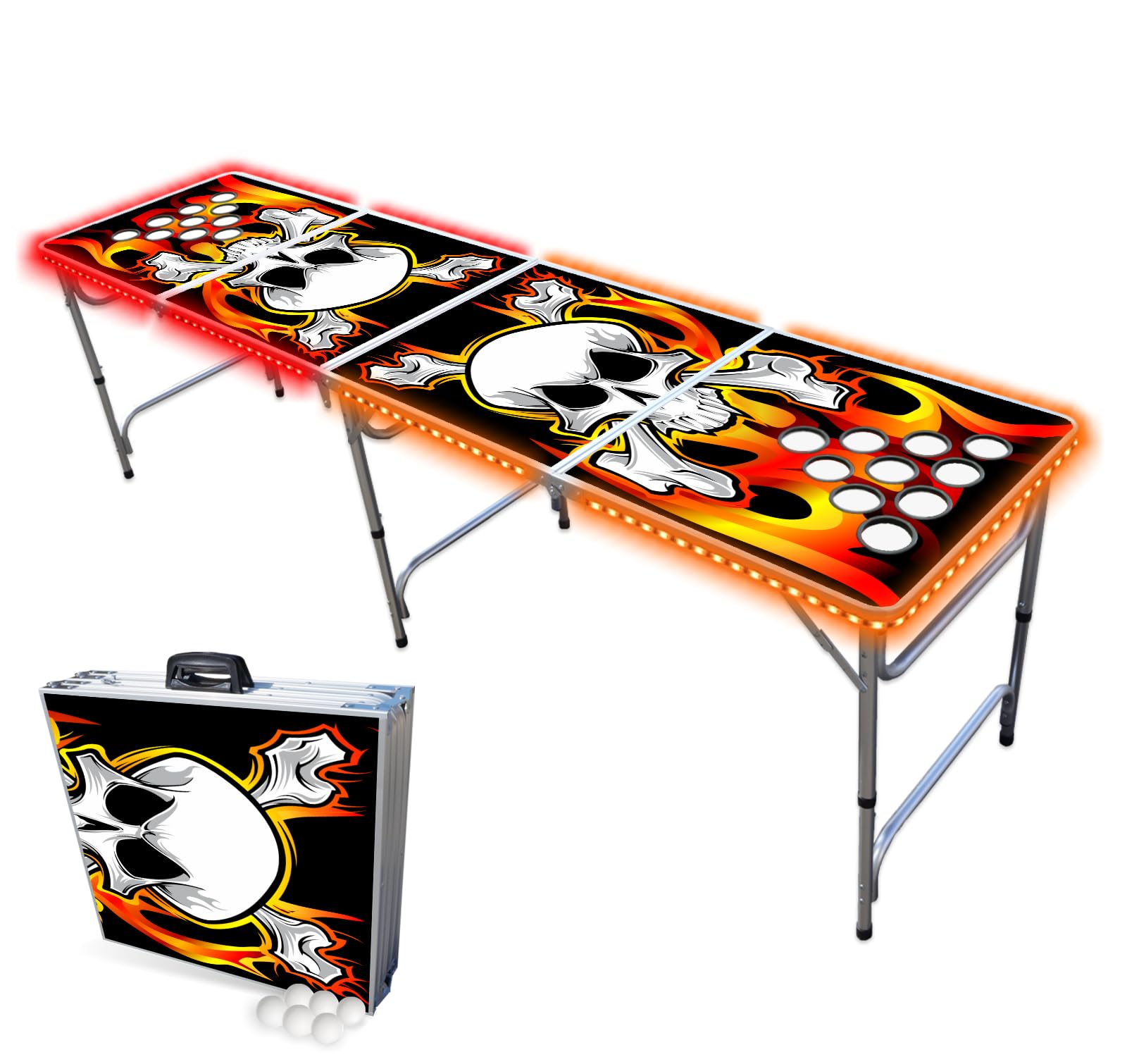 8-Foot Folding Beer Pong Table with Cup Holders & LED Lights - Flames Design for Outdoor Parties, Tailgates, and College Events
