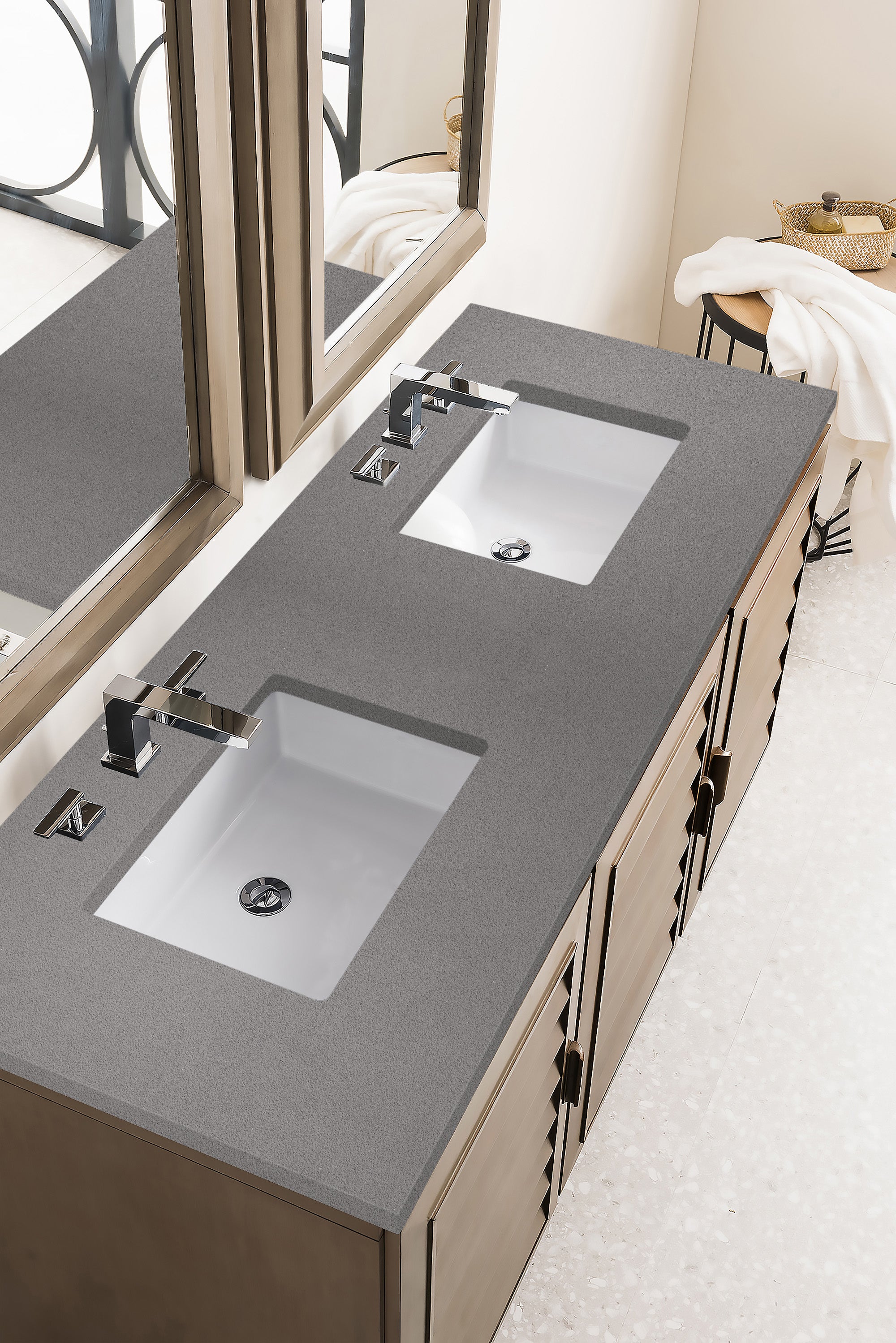 Portland 60 Inch Double Vanity with Whitewashed Walnut Finish & 3CM Gray Expo Quartz Countertop - Perfect for Modern Bathroom Renovations and Master Suite Upgrades