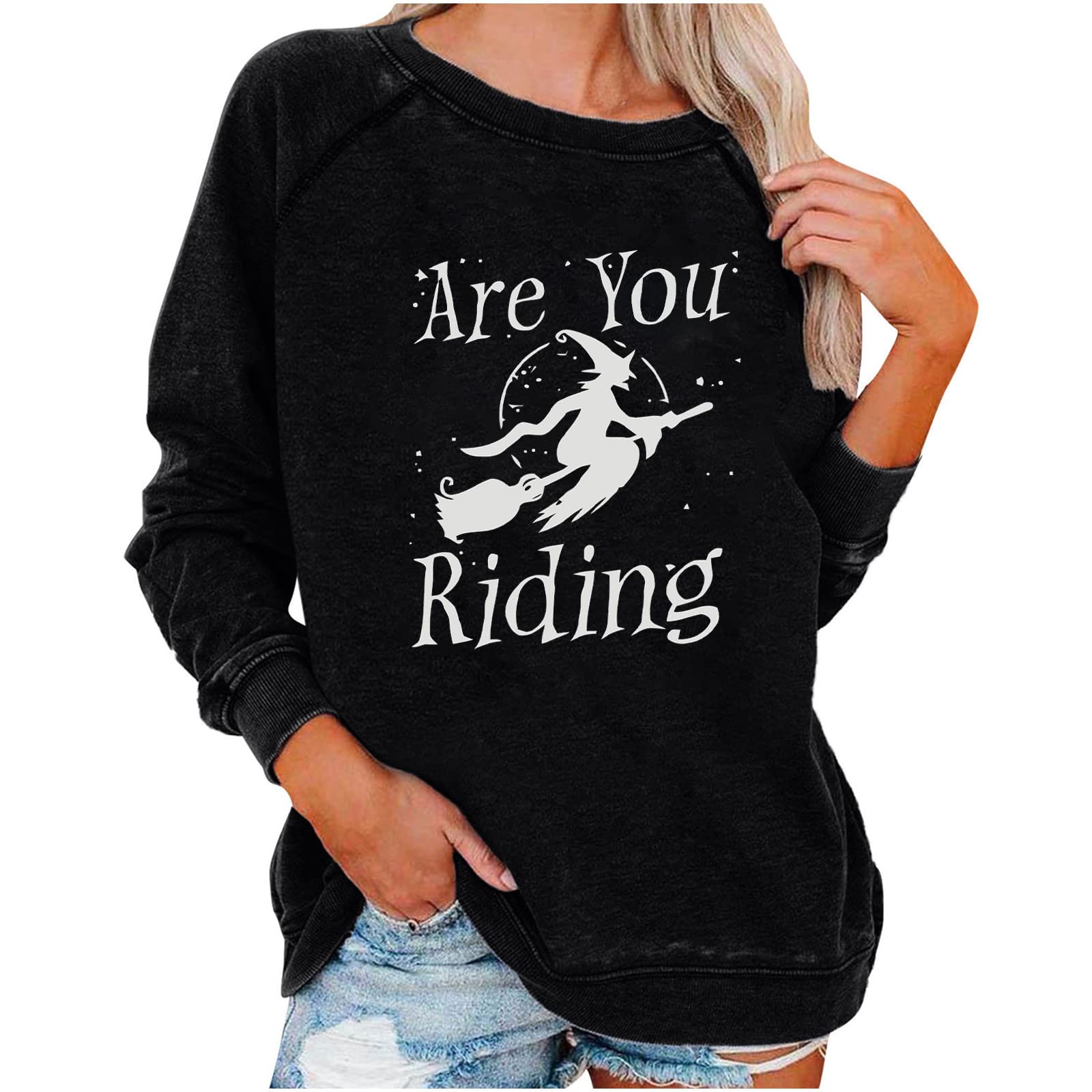 Women's Halloween Long Sleeve Shirt - Pumpkin Print Trendy Pullover Crew Neck Graphic Top for Fall Parties & Spooky Season Outfits
