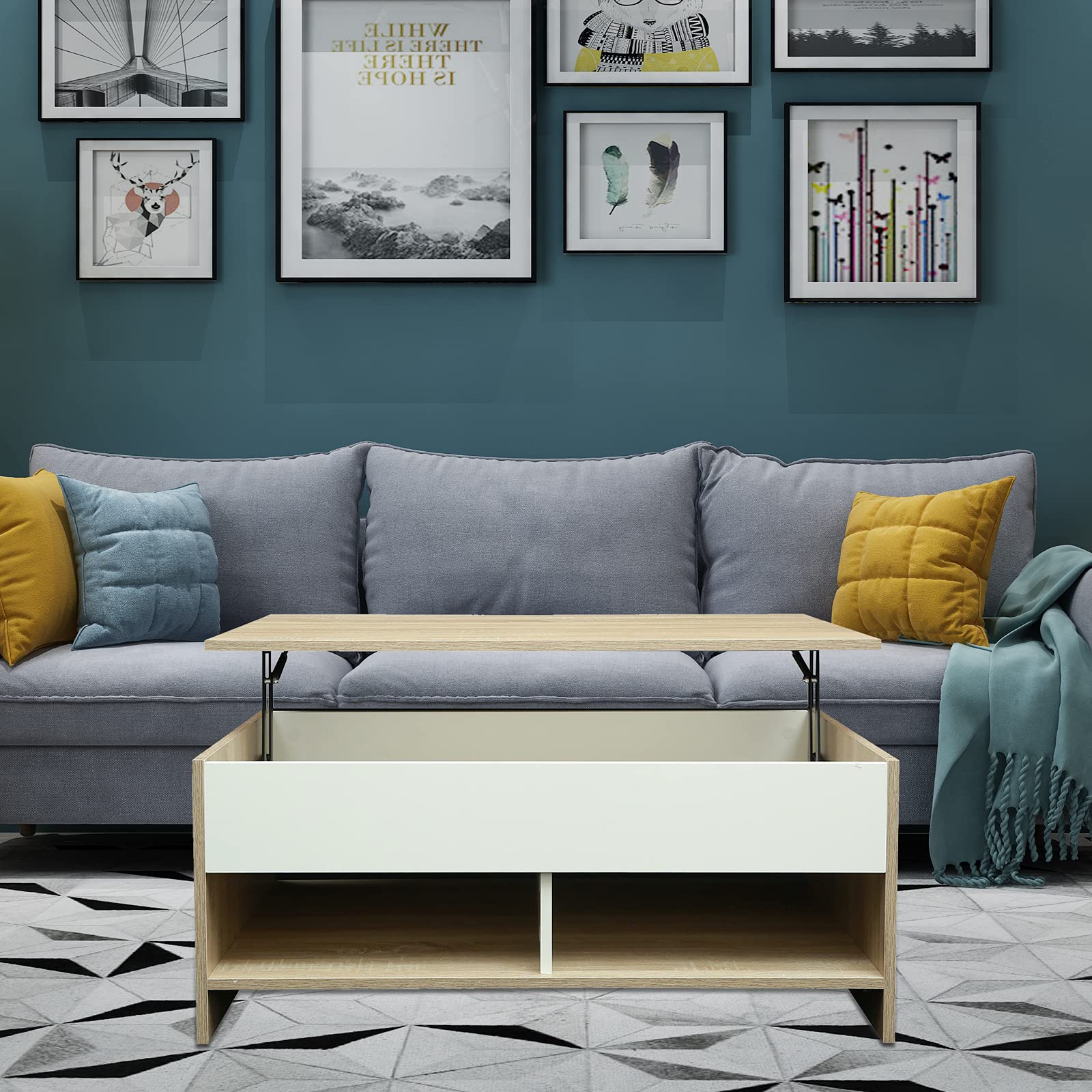 Lift Top Coffee Table with Hidden Storage & 2 Open Shelves - Modern End Table for Living Room, Reception Area, Home Office - Perfect for Small Space Organization & Entertaining Guests