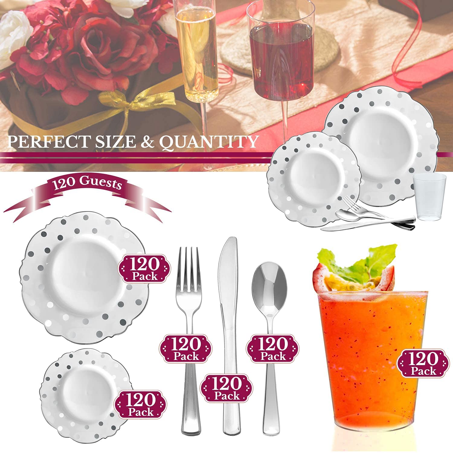 Elegant Disposable Plastic Dinnerware Set - 720 pcs (120 Person) Round Dot Wedding Party Plates, Gold Cutlery & Clear Cups - Perfect for Weddings, Banquets, Catering & Large Events