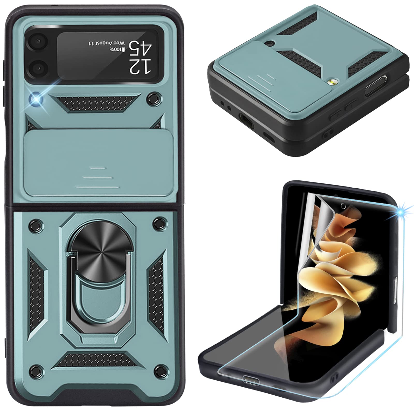 Rugged Military-Grade Shockproof Case for Samsung Galaxy Z Flip 3/5G - Heavy Duty Armor Protection with Kickstand | Anti-Drop Phone Cover for Outdoor, Travel & Daily Use (Green)