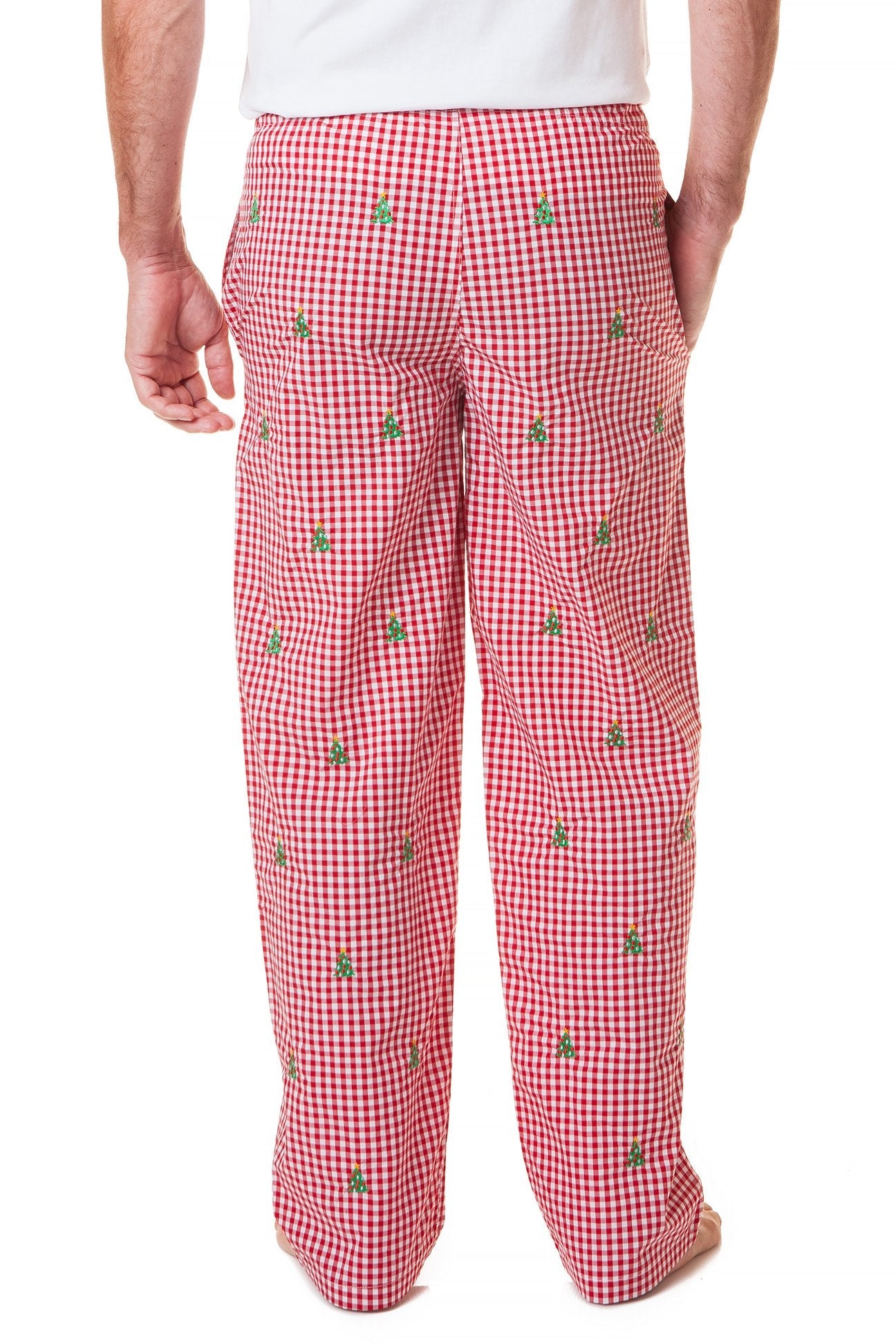 Women's Wide Leg Sleep Pants - Red Gingham Print with Christmas Tree Design | Cozy Holiday Lounge Wear for Christmas Morning & Winter Nights