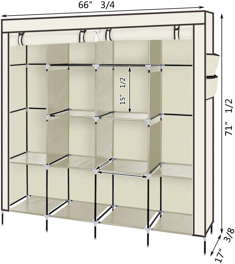 Portable Closet Organizer with Shelves - Heavy Duty Wardrobe for Hanging Clothes, Space-Saving Storage Solution for Bedroom, Closet, Dorm, or Travel (Beige, 2-Pack)