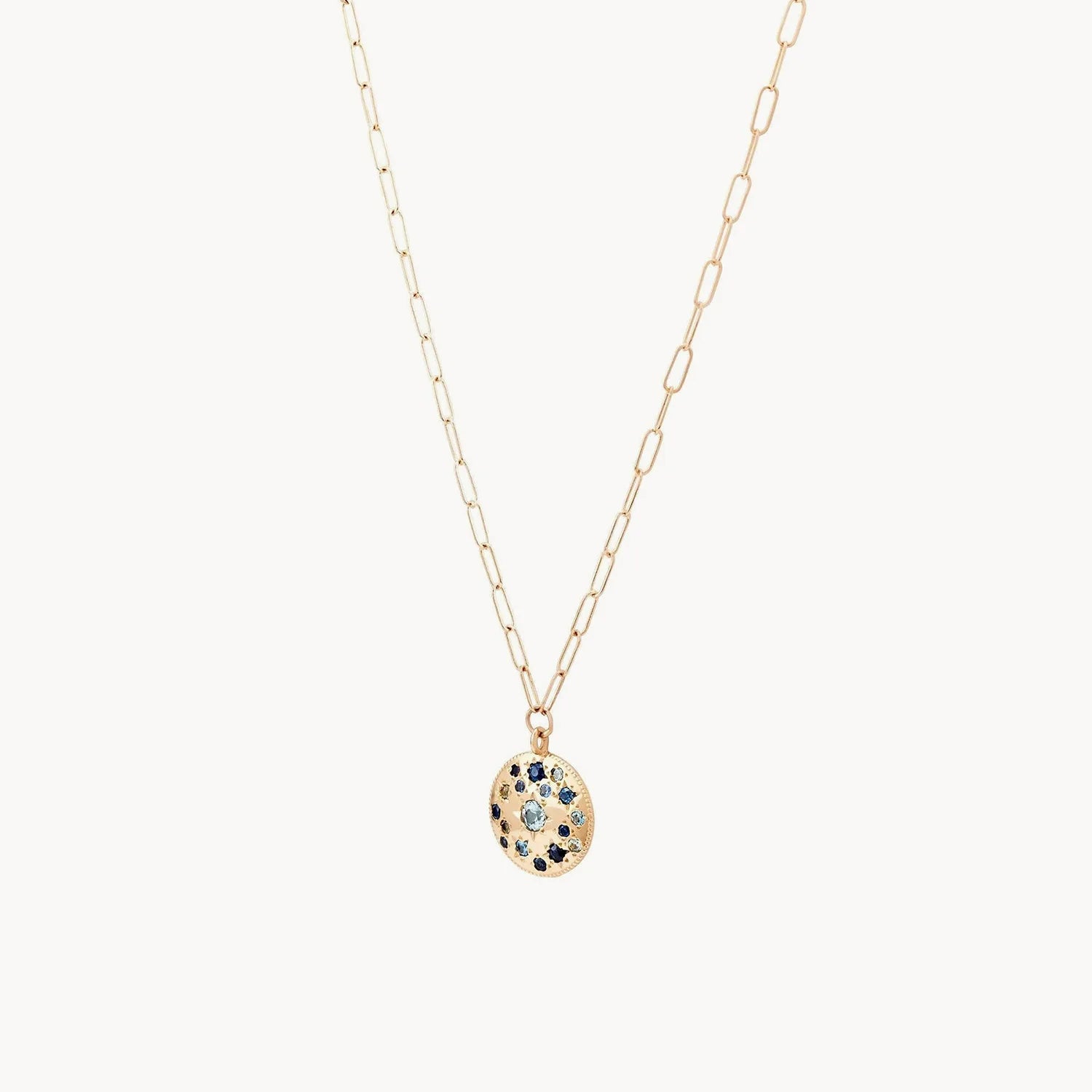 14K Yellow Gold Tie Dye Moonchild Medallion Necklace with Blue Sapphire – 20 Inch Boho Chic Jewelry for Women, Perfect for Festivals, Beach Parties & Layered Necklace Styling