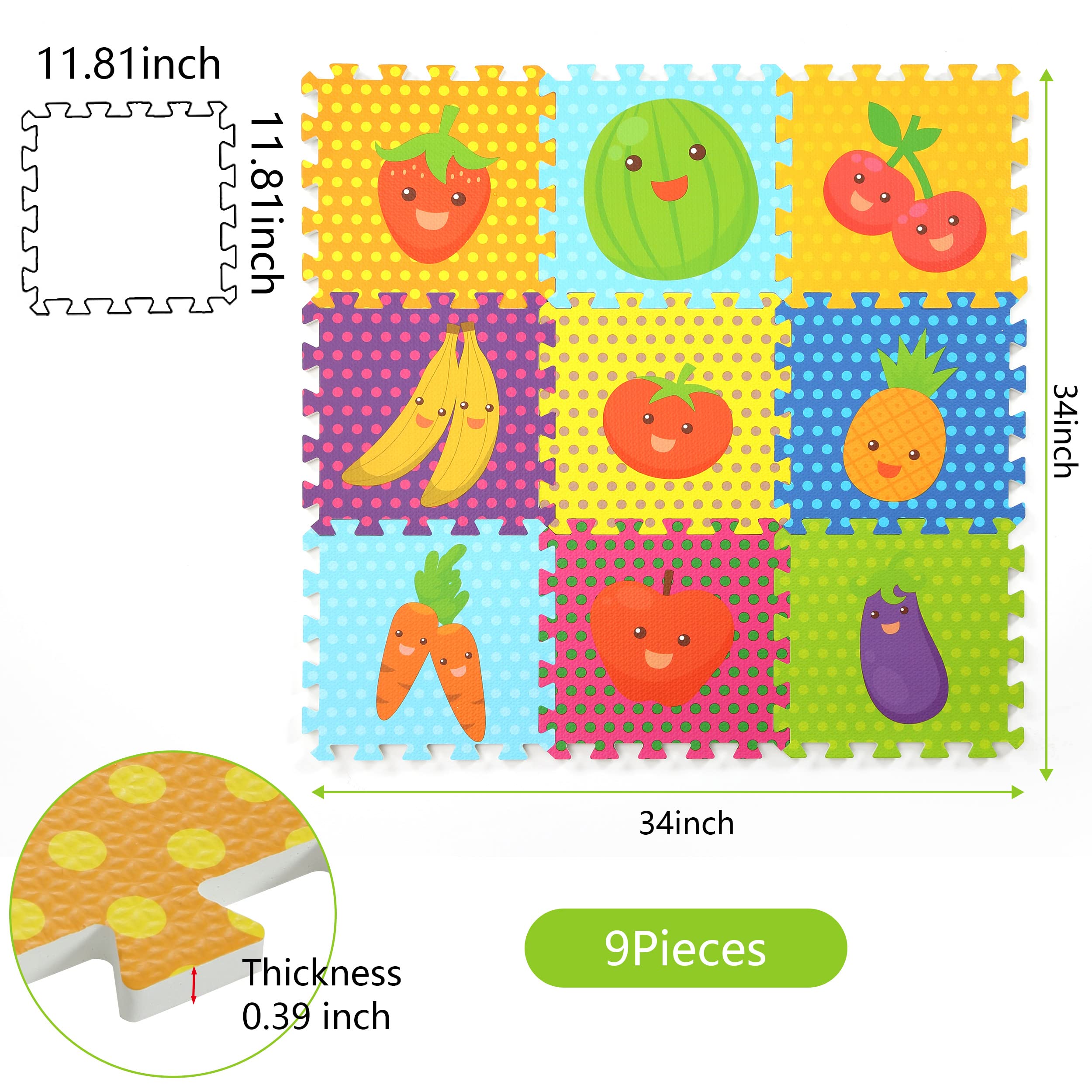 Non-Toxic Baby Play Mat - 34x34 Inch Foam Puzzle Floor Tiles with Fruit Design (9-Piece Set) for Toddler Safe Crawling & Learning - Perfect for Nursery, Playroom & Daycare