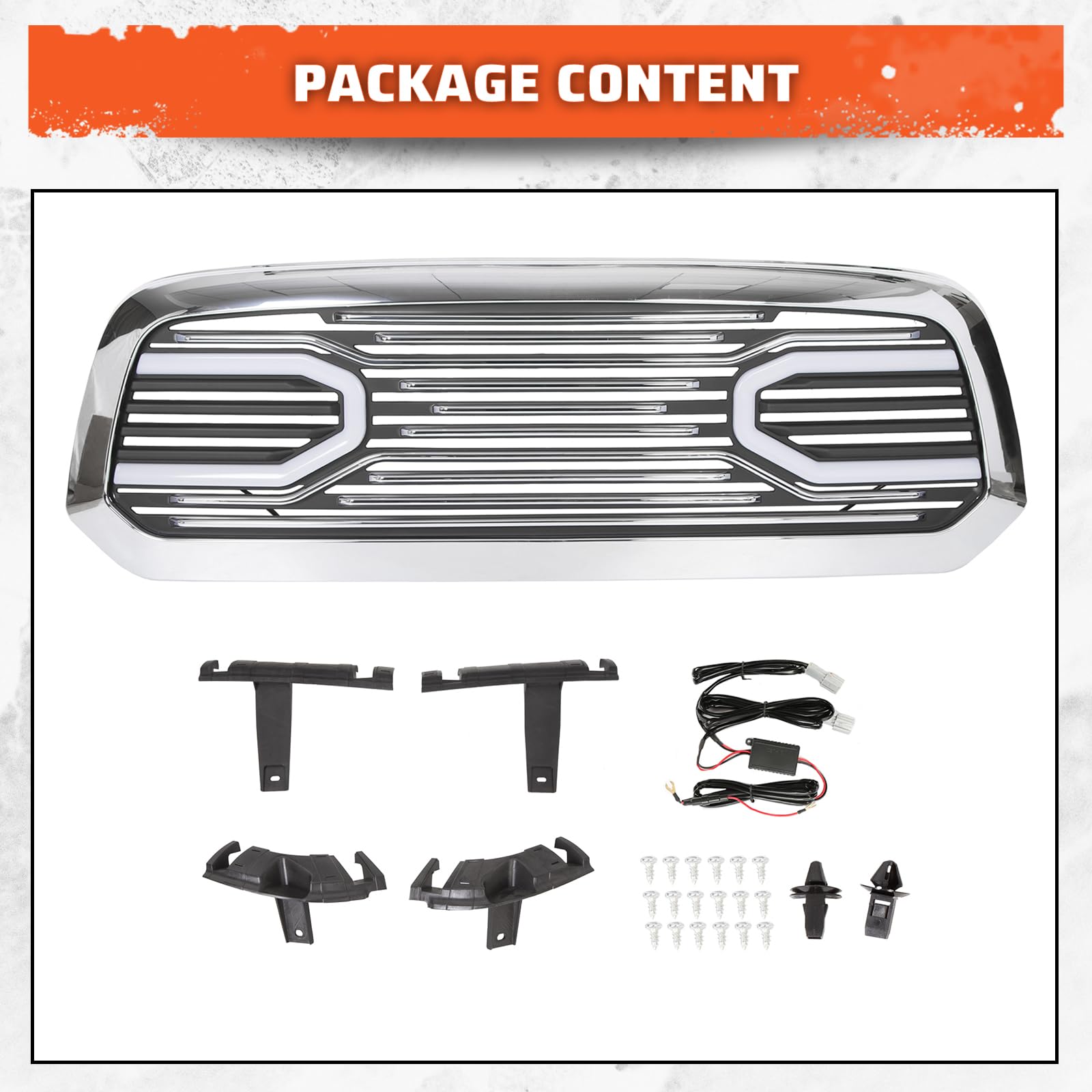 ECOTRIC Chrome Front Grill with LED Light Compatible with 2013-2018 Dodge RAM 1500 | Big Horn Hood Grille Replacement Shell | Perfect for Off-Road & Truck Customization