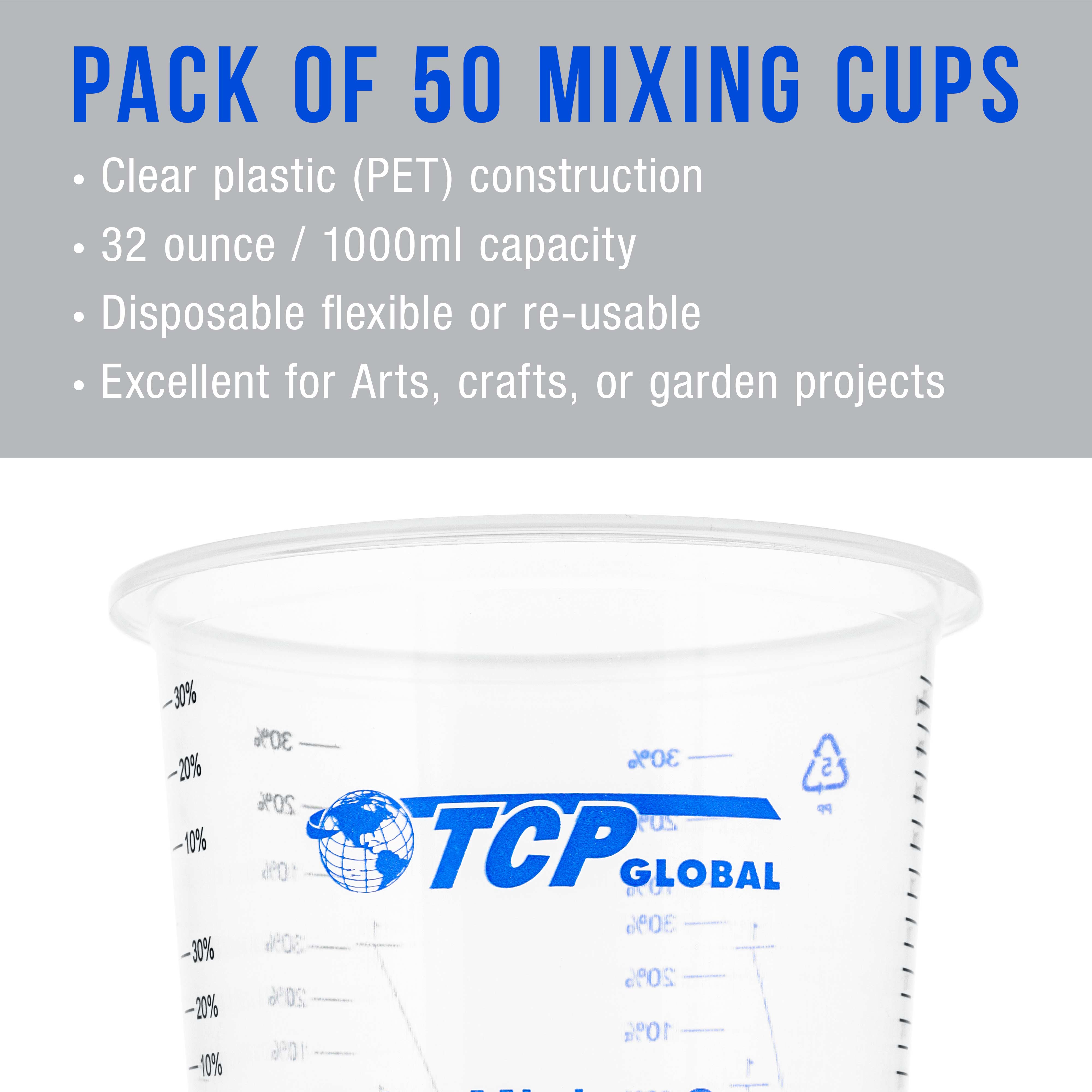 TCP Global 32oz (1000ml) Disposable Plastic Mixing Cups - Clear Graduated Measuring Cups for Paint, Resin, Epoxy, Art & Kitchen Use - Pack of 50 - Perfect for DIY Projects, Baking & Crafting