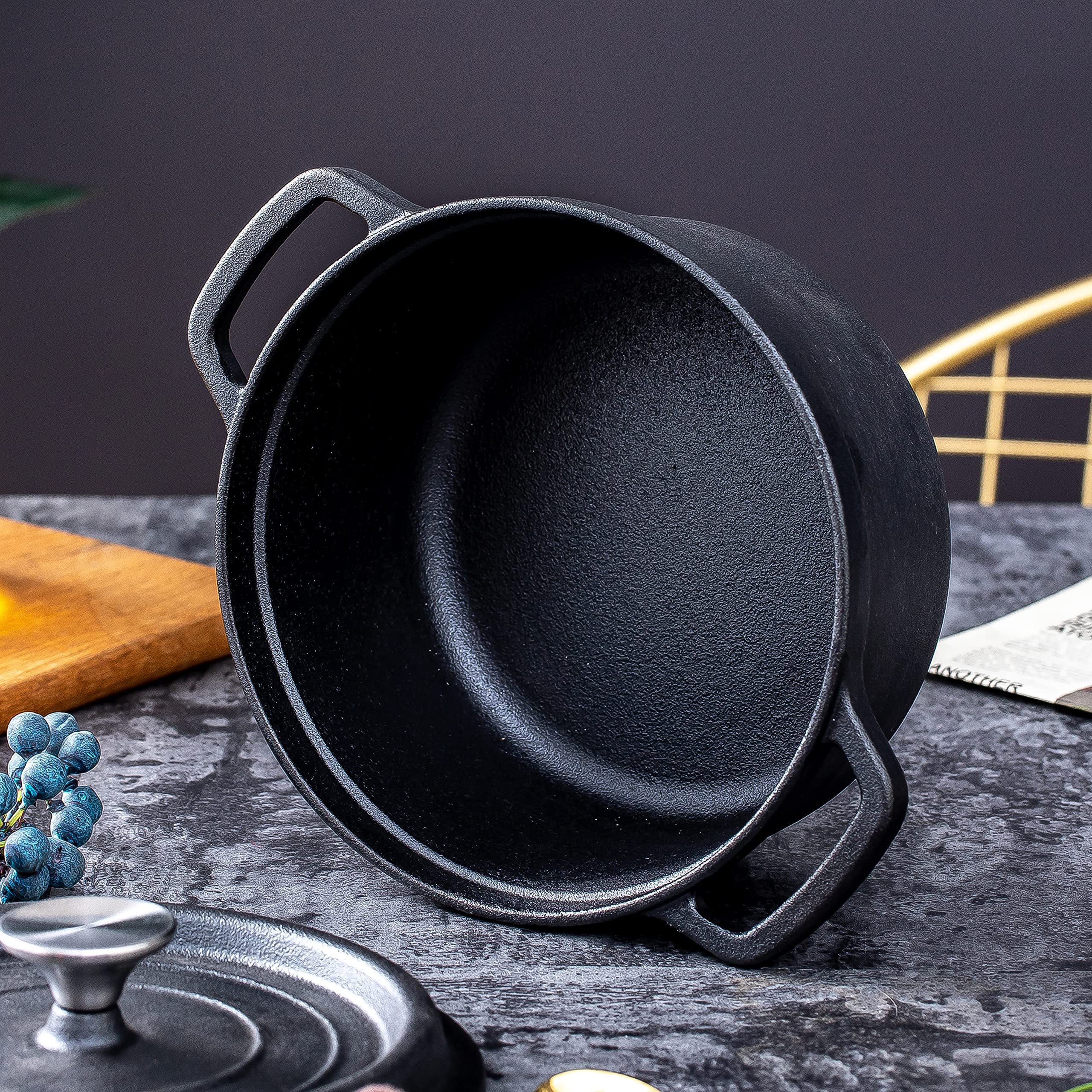 Bruntmor 5.2 Quart Pre-Seasoned Cast Iron Dutch Oven with Lid - Black Cast Iron Skillet for Casseroles, Braising, Baking & Roasting - Induction Compatible Cookware - Perfect for Camping, Home Cooking & Outdoor BBQ