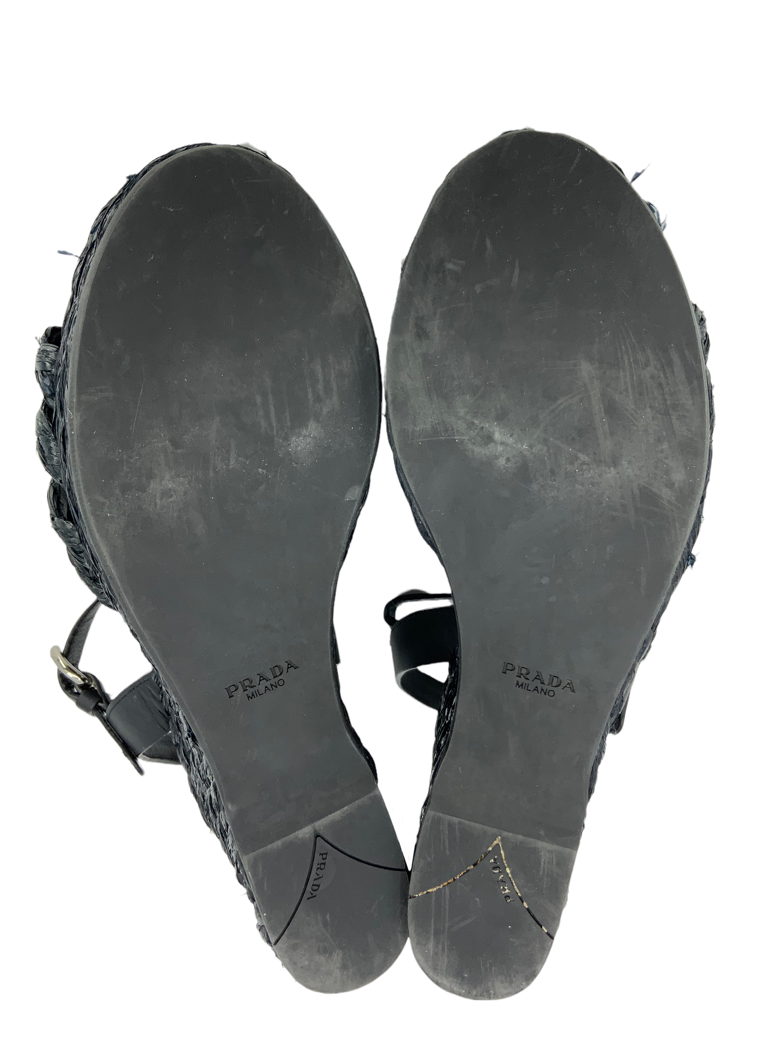 Prada Women's 105mm Woven Straw & Leather Wedge Sandals Size 8.5 - Comfortable Summer Beach Wedding Party Shoes